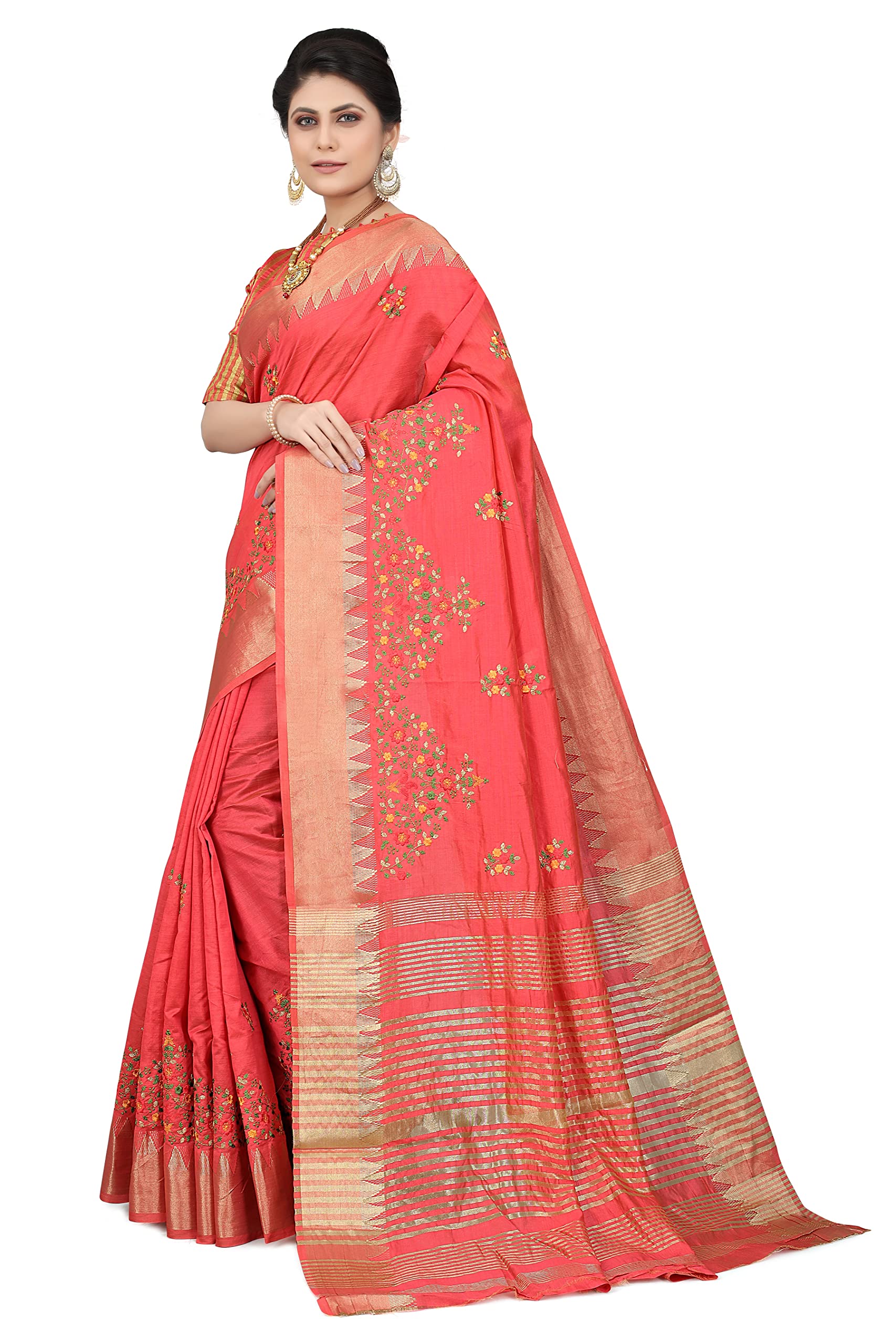 SERONA FABRICS Women's Assam Cotton Silk With Golden Border Thread Embroidered Work Saree With Blouse Piece - Image 2 thumbnail
