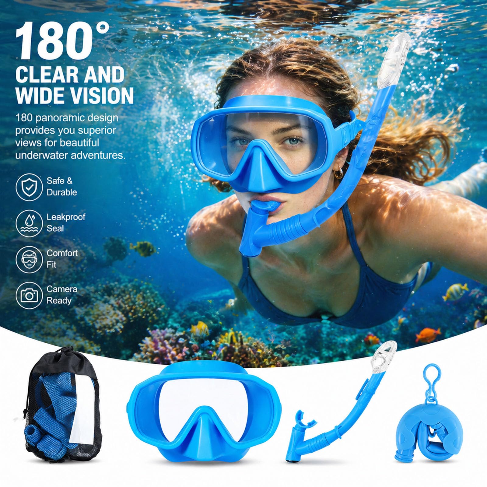 Ensemble de Snorkeling Pgtc pour Adultes, Masque de plongée sans Cadre avec Vue panoramique Ultra-Large, Verre trempé Anti-buée, équipement de plongée Portable avec Sac de Transport