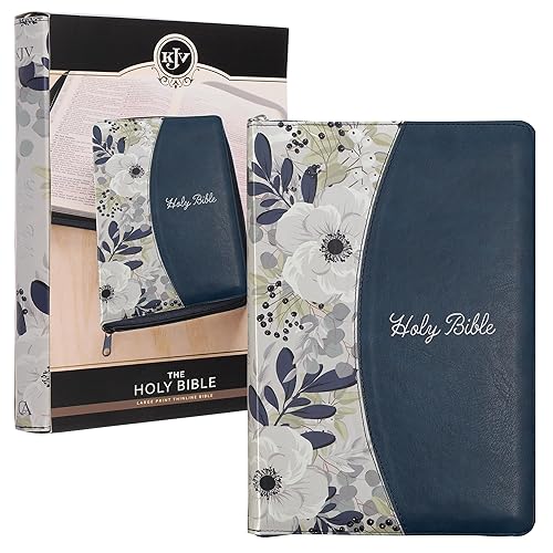 KJV Holy Bible, Thinline Large Print Faux Leather Red Letter Edition Thumb Index Ribbon Marker, King James Version, Blue Printed Floral, Zipper Closure (KJV Thinline LP Editions)