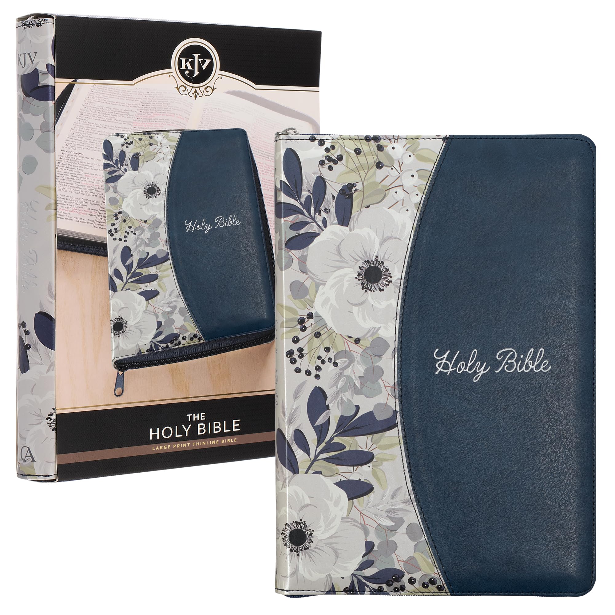 KJV Holy Bible, Thinline Large Print Faux Leather Red Letter Edition Thumb Index Ribbon Marker, King James Version, Blue Printed Floral, Zipper Closure