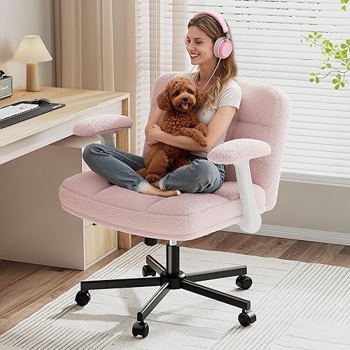 Vista 11 de Silla Criss Cross con Ruedas, Silla de Oficina con Patas Cruzadas con Reposabrazos Abatibles, Silla de Escritorio Ancha para Dormitorio, Oficina