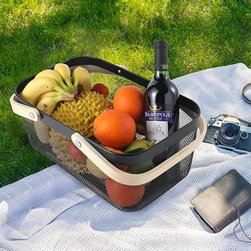 Miniatura 8 de Cesta portátil de malla para cosecha, organizador plegable con mango de bambú natural para cocina, jardín y pícnic, contenedor de almacenamiento