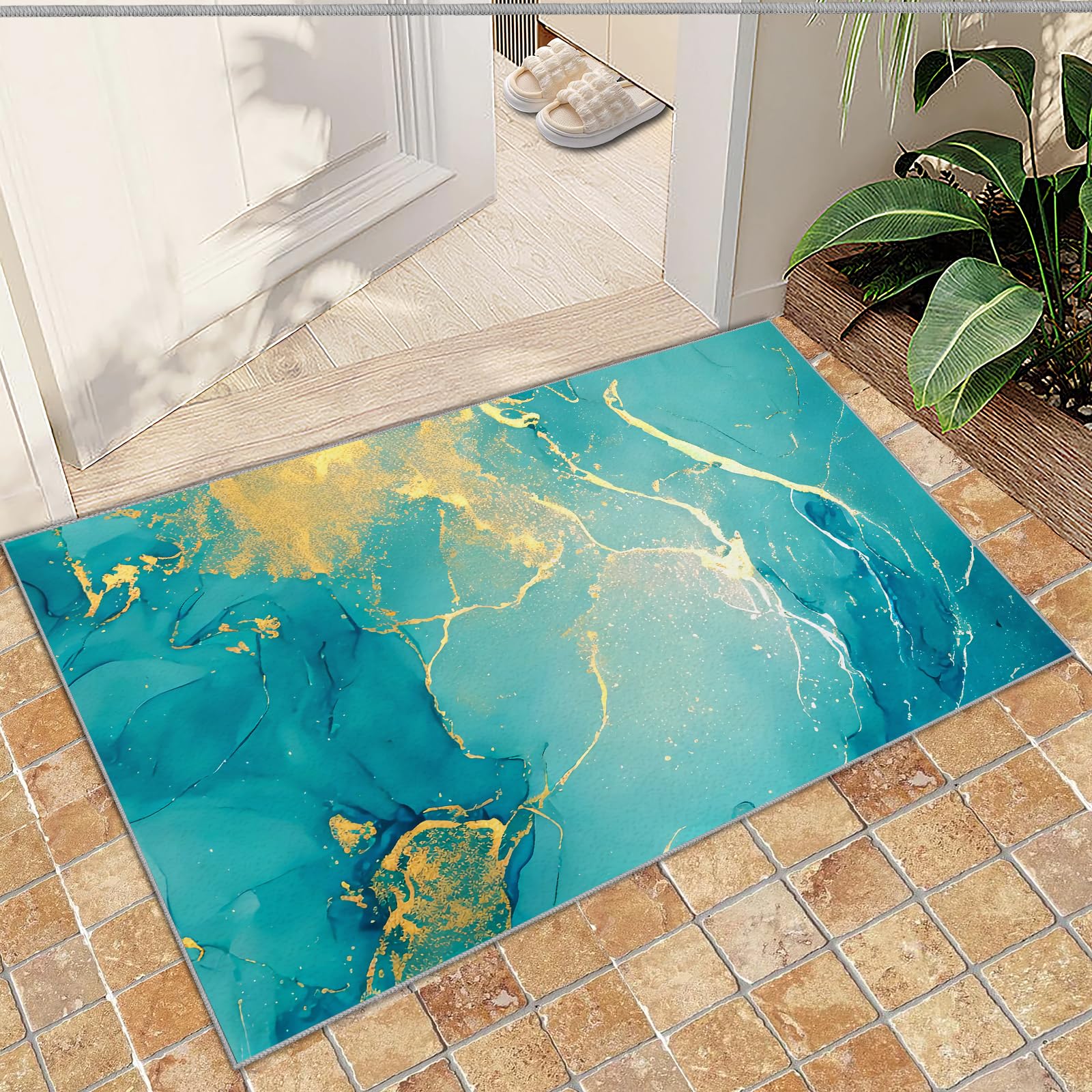 QDJKBL Entrance Rug 60 X 140 Cm Navy Green Abstract Marble, Golden Yellow Ink Fluid Art Graffiti Doormats, Entrance Carpet Easy Cleaning for Entryway