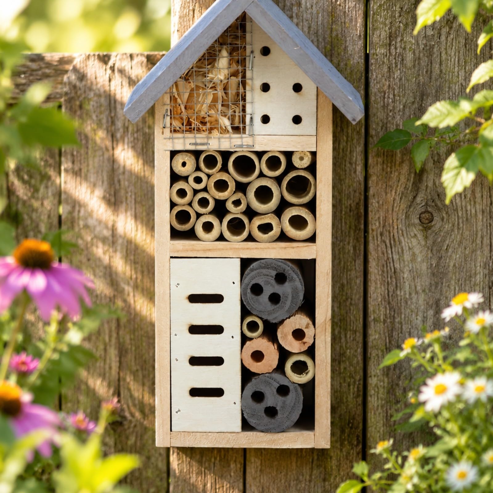 Hotel per Insetti in Legno di Abete e Bambù Facile da Appendere Insettario da Giardino Compatto Insettiera per eri, Terrazza