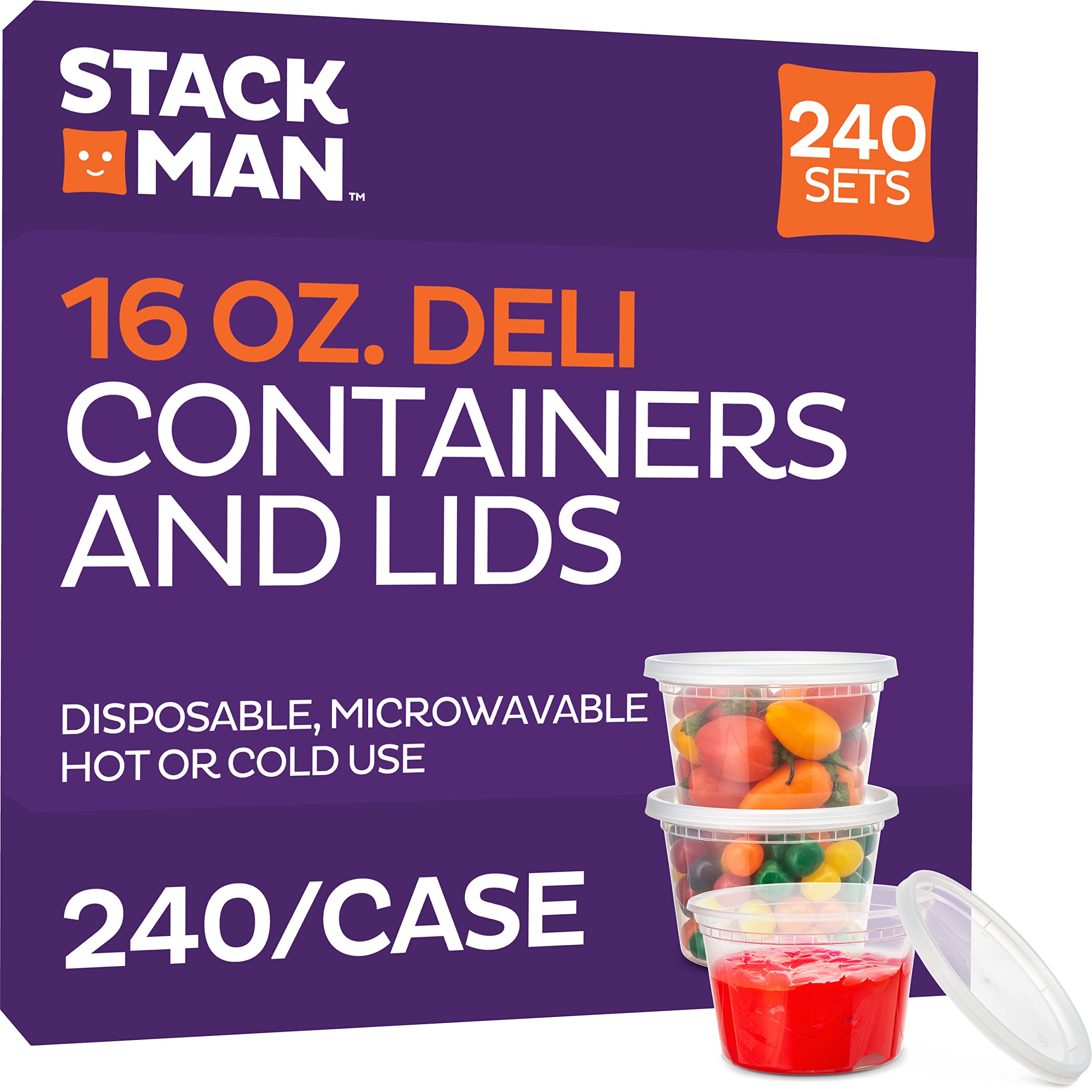 Stack Man Plastic Food Storage Deli Containers with Airtight Lids, 16