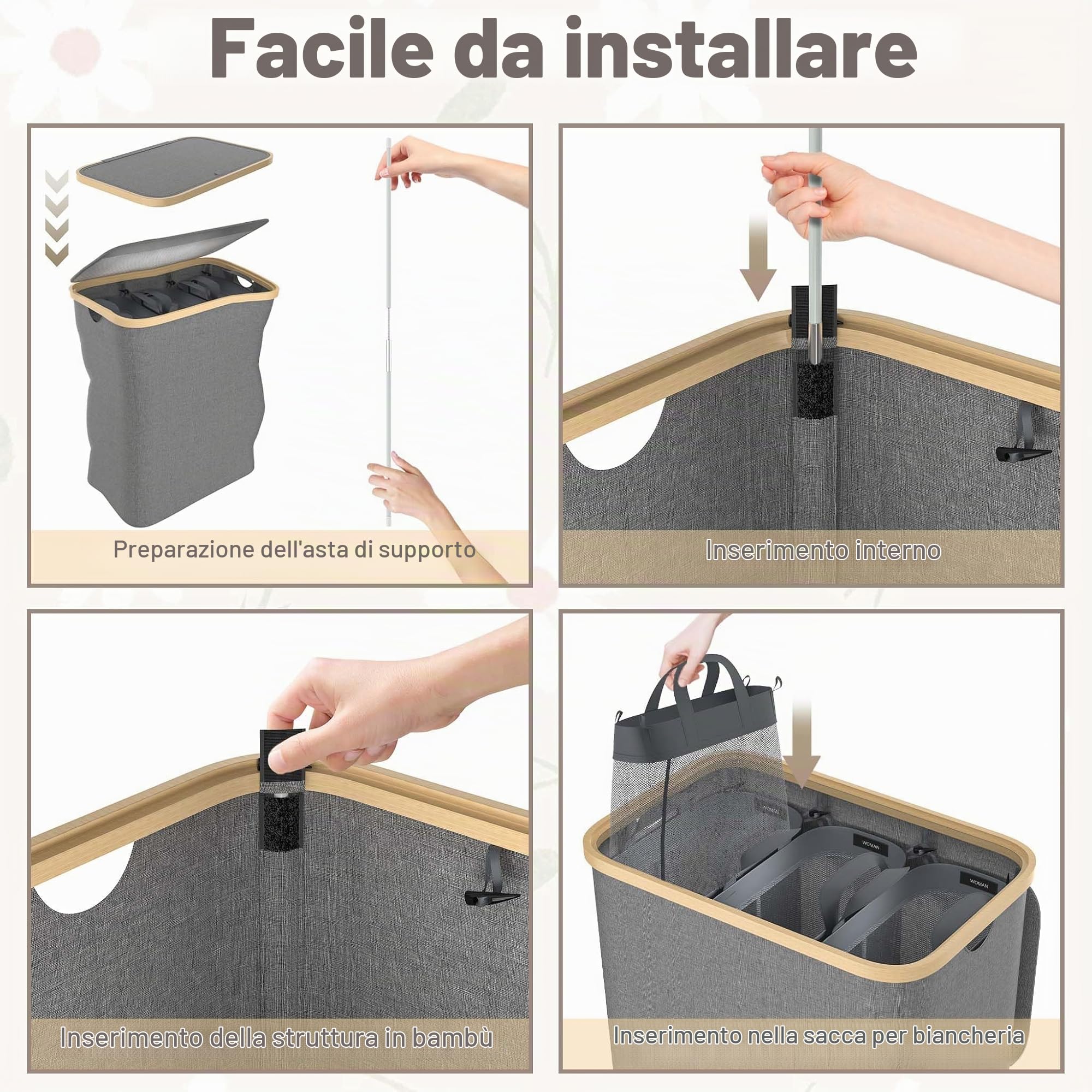 Cesto portabiancheria con coperchio, 140 l, con 3 scomparti, tasca interna lavabile con manici, sacco per la biancheria, cesto per la biancheria, laundry Basket, grigio