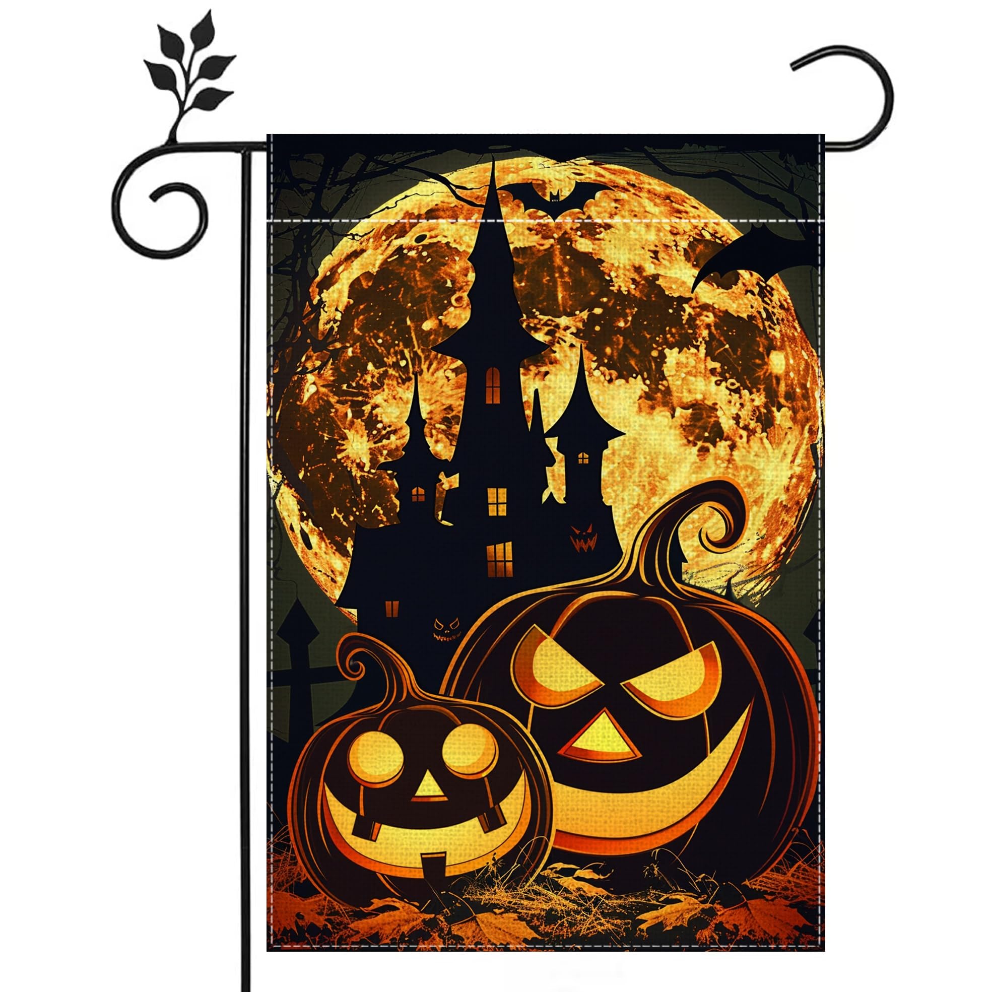 Halloween Pumpkin Castle Jack O Lantern Garden Flag for Outside 12x18 Inch Double Sided Burlap Holiday Outdoor Yard Flag Decorations for Home
