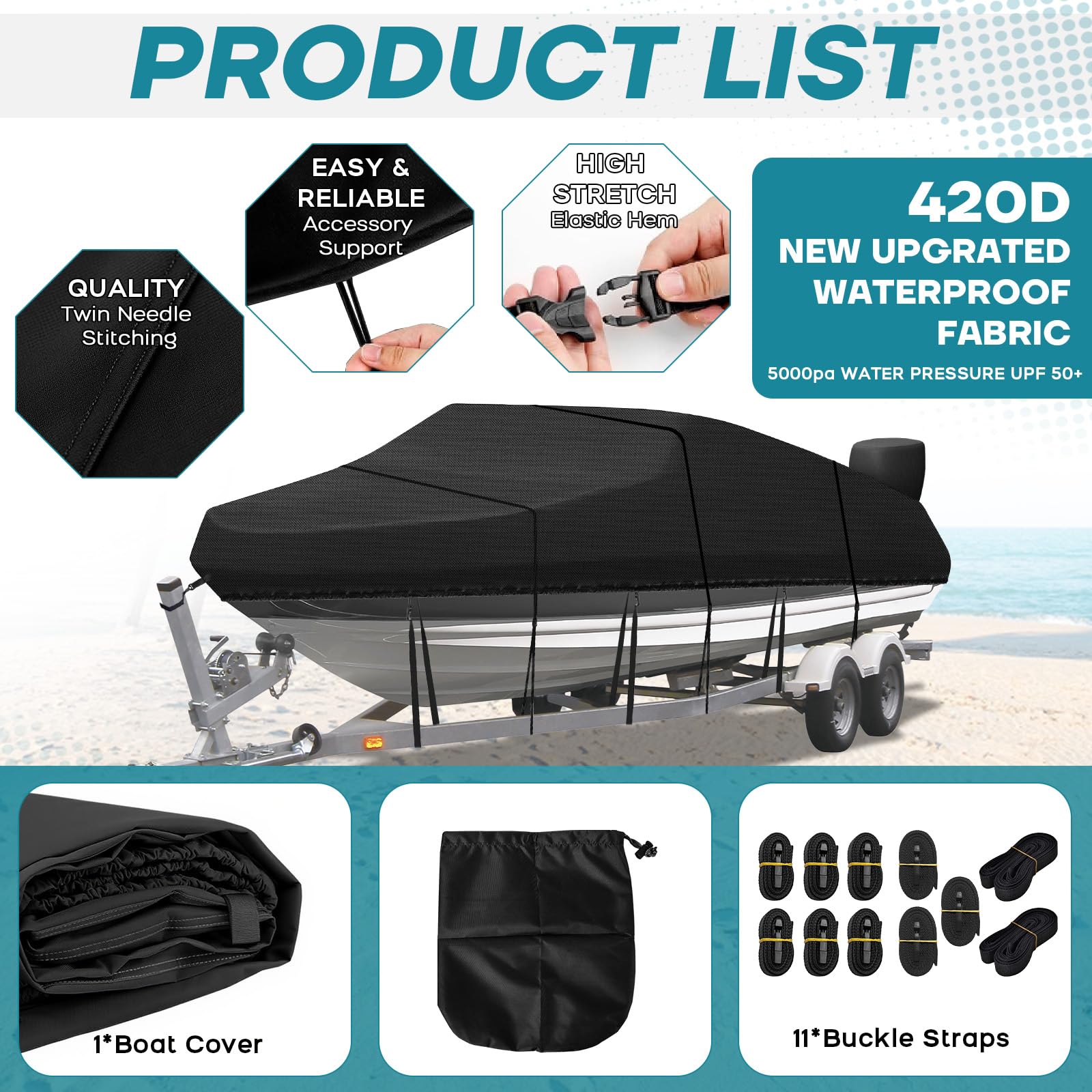 Housse de bateau en tissu Oxford 420D, bâche de protection pour bateaux, persenning anti-UV avec sac de rangement, pour coque en V, bateau à rames, bateau de pêche, noir