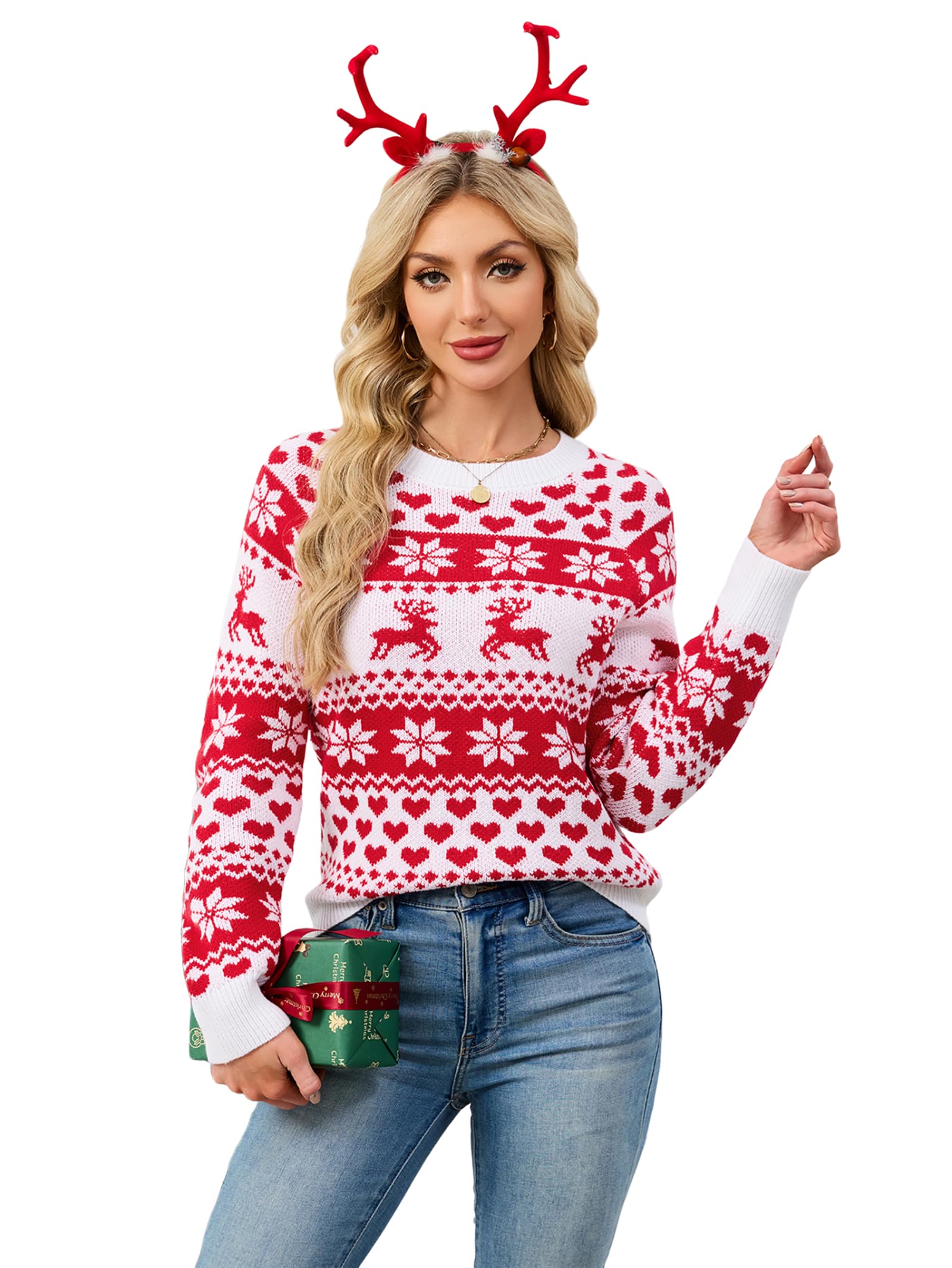 SunnyMelody Womens Christmas Sweater Holiday Ugly Sweater Reindeer Snowflake Heart Knit Pullover Crew Neck 2025 Tops