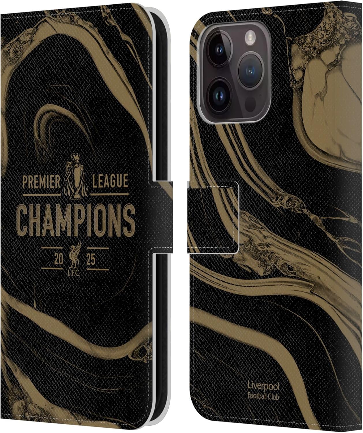 Head Case Designs Officially Licensed Liverpool Football Club Black Marble 2025 Premier League Champions Leather Wallet Case Compatible with Apple iPhone 15 Pro Max
