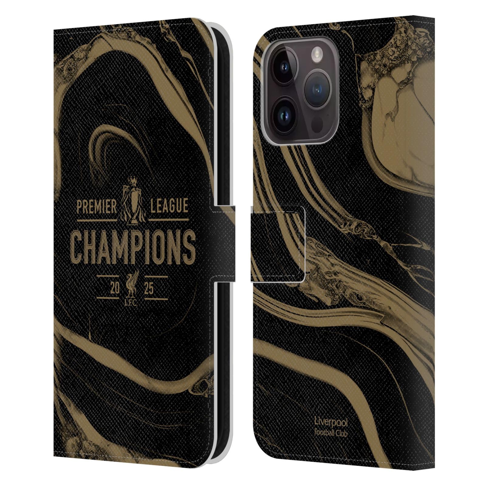 Head Case Designs Officially Licensed Liverpool Football Club Black Marble 2025 Premier League Champions Leather Wallet Case Compatible With Apple iPhone 15 Pro Max