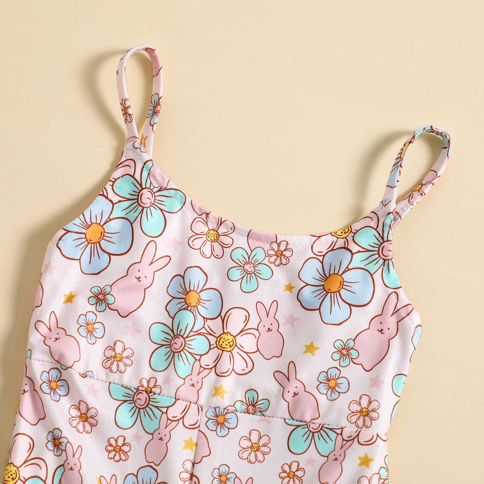 Toddler Baby Girl Easter Outfit Bunny Romper Floral Sleeveless Onesie Bell Bottom Flared Pants Summer Clothes (C-Pink,2-3T)
