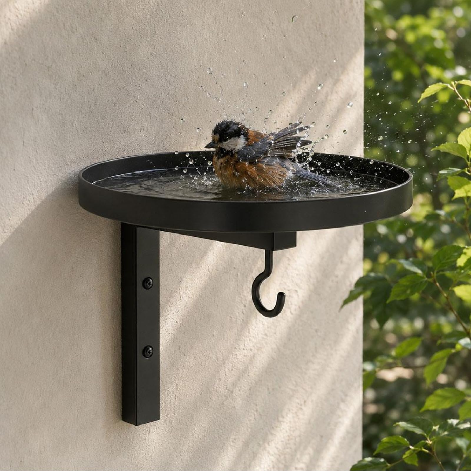 Wall-Mounted Metal Bird Bath Basin, 2-in-1 Wall Mounted Bird Bath and Feeder Tray with Hanging Hook, Rustproof Iron Water Bowl, Black Deck Rail Birds Tray for Garden, Fence, Yard and Outdoor Decor