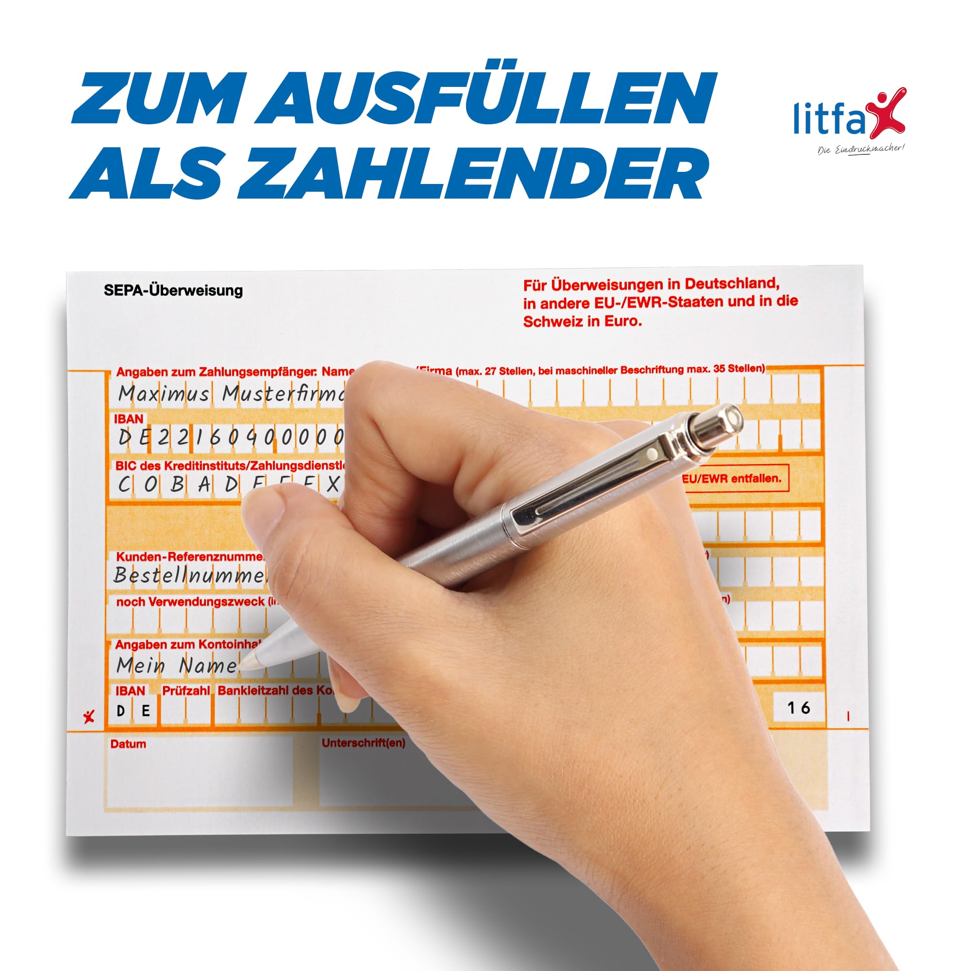 Litfax SEPA Überweisungsträger mit personalisiertem Überweisungsvordruck, 300 Stück - DIN A6, 2-fach mit Durchschlag, Leicht zu trennen, selbstdurchschreibend - Bankneutral in Deutschland