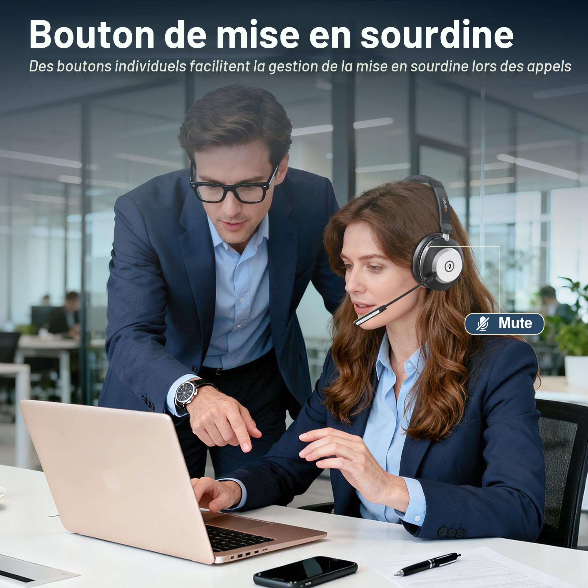 Wantek Casque Bluetooth sans Fil avec Micro, Casque sans Fil avec Station de Charge, Dongle USB, Casque Bluetooth avec Microphone pour PC Bureau Zoom Skype Ordinateur Portable Centre d'appel équipes