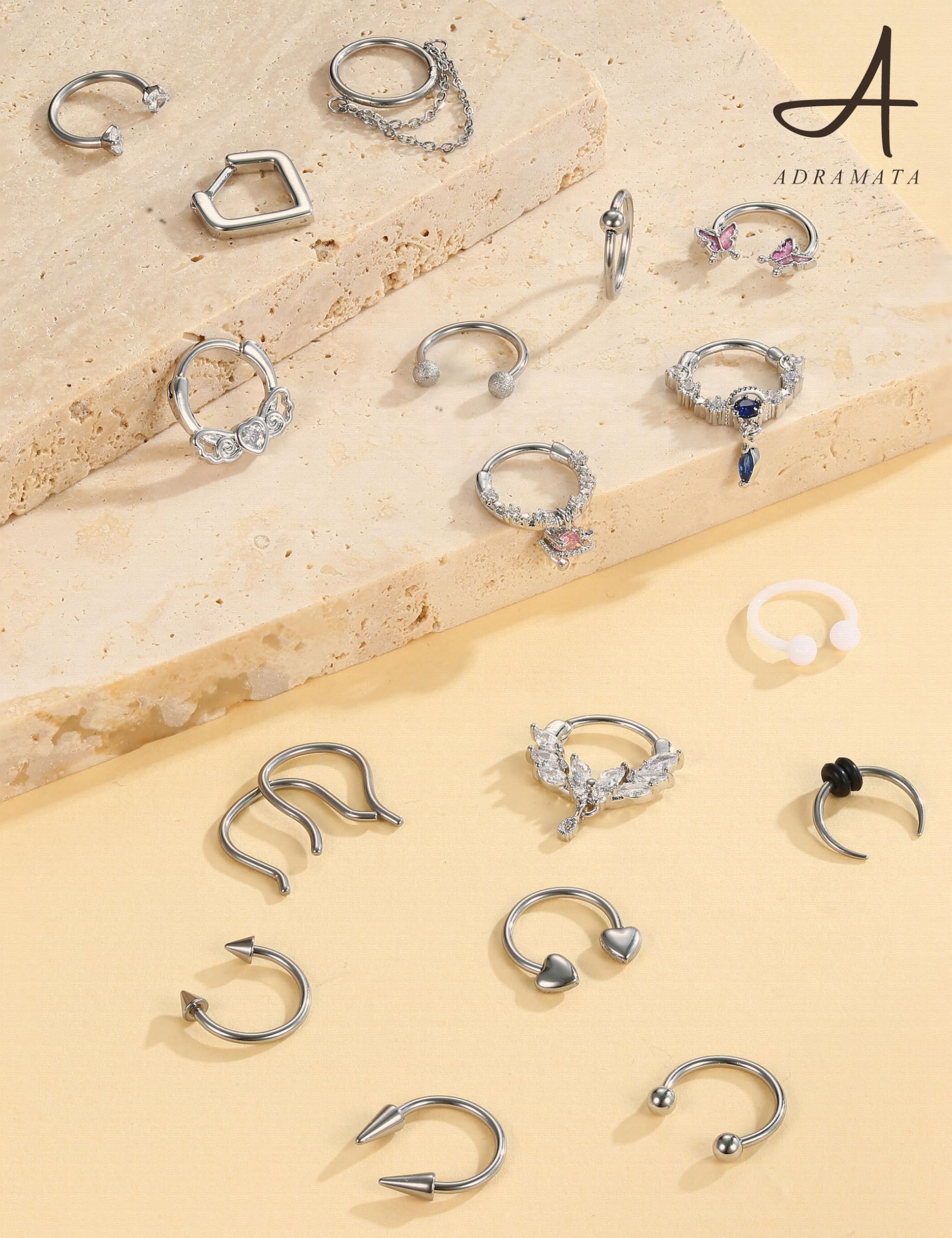 ADRAMATA 20 PCS 16G Septum Piercing Acciaio Chirurgico Piercing Naso Cerchio Naso Anelli Cerchio Set CZ Nostril Piercing Trago Cartilagine Helix Piercing Orecchino Piercing Septum Gioielli