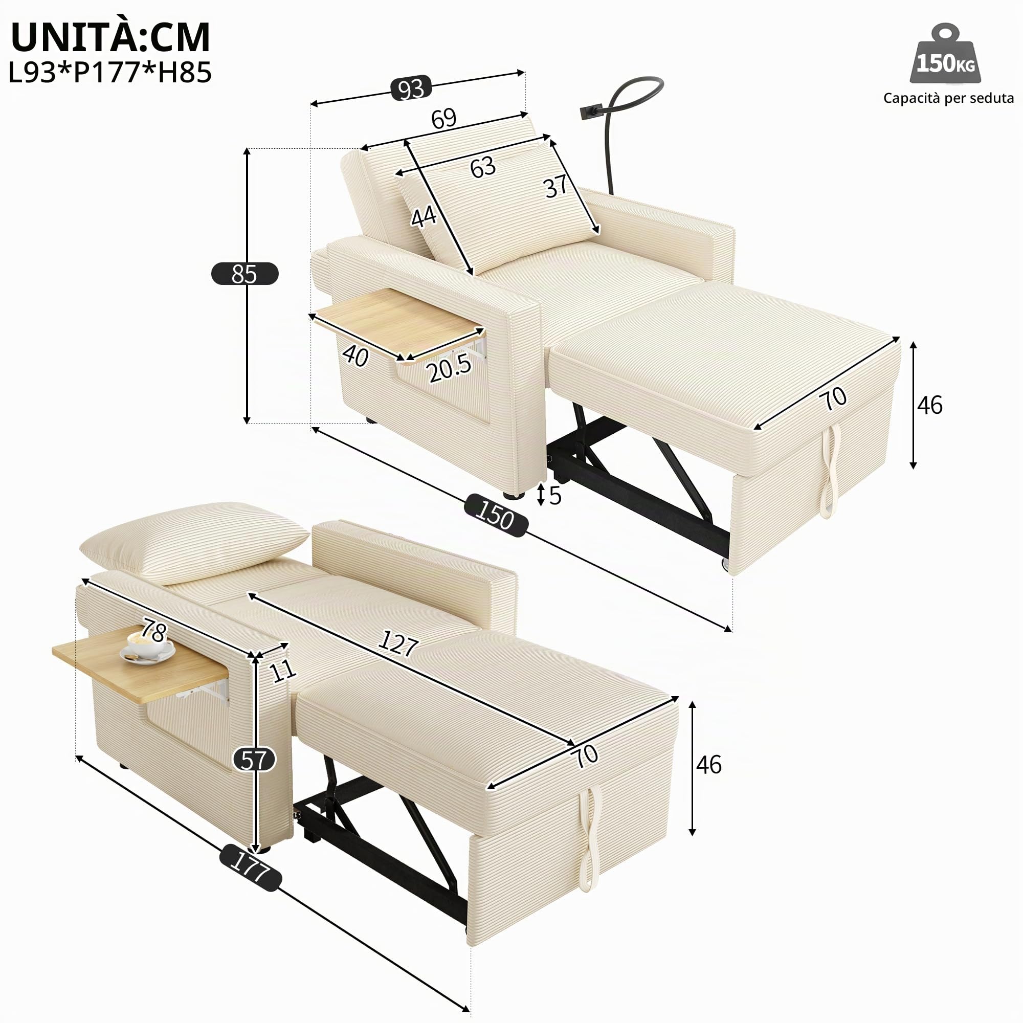 Idemon Divano letto pieghevole multifunzione con porta di ricarica USB e supporto per cellulare, poltrona relax a 1 posto, trasformabile, salvaspazio per soggiorno e camera da letto, tessuto in