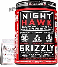Grizzly Nutrition, NIGHT HAWK, CaffZero, No Caffeine Pre Workout 460Gm, 30Gr Energy Caffeine Pack, Citrulline 6000mg +20 Sport boosters, StimFree for evening/night workout, Pure & Potent, Watermelon