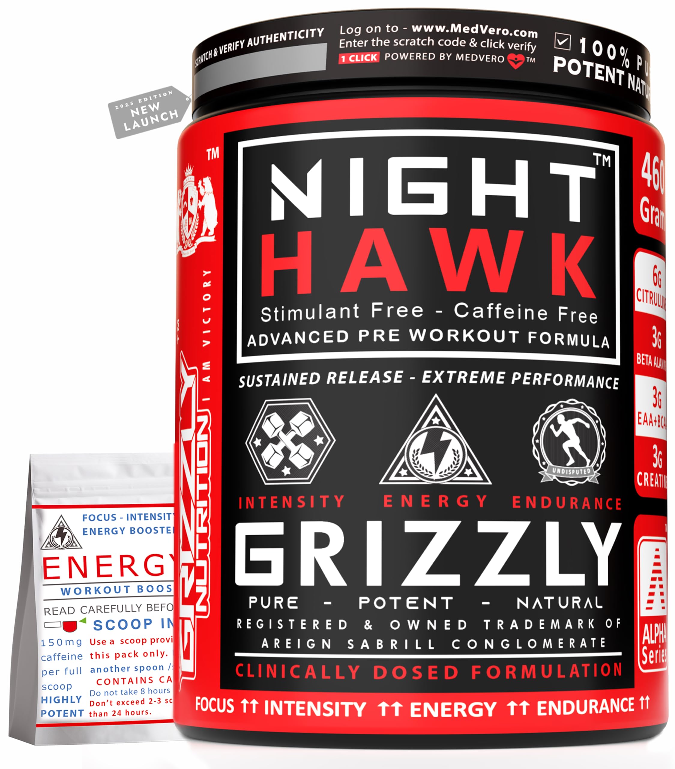 Grizzly Nutrition, NIGHT HAWK, CaffZero, No Caffeine Pre Workout 460Gm, 30Gr Energy+ Caffeine Pack, Citrulline 6000mg +20 Sport boosters, StimFree for evening/night workout, Pure & Potent, Raspberry-image-31