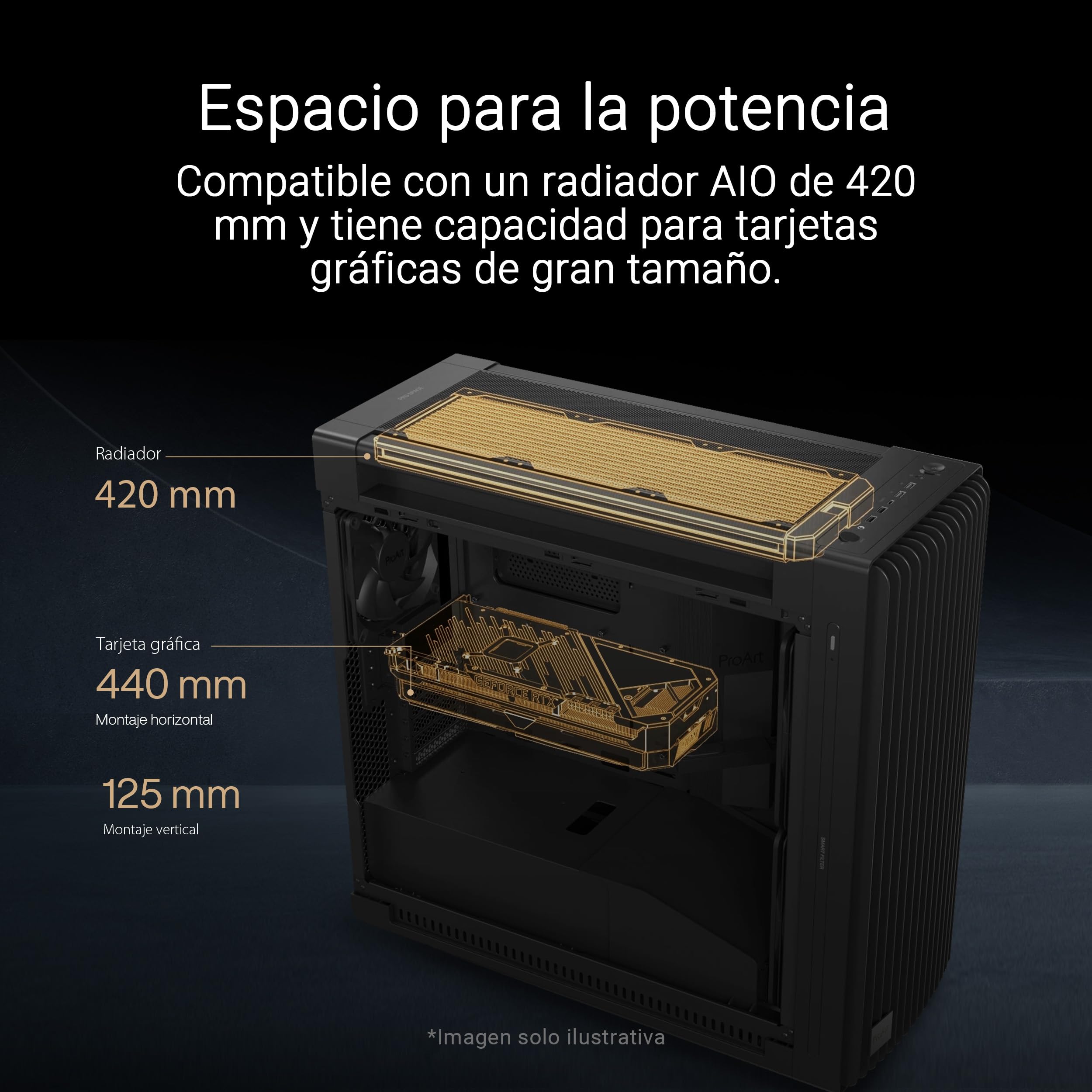 ASUS ProArt PA602 Wood Edition Modern Black - Chasis E-ATX con Panel de Cristal Templado, Compatible con GPU de hasta 440 mm y radiadores de 420 mm, Ventiladores de 140 mm y de 200 mm preinstalados - 4