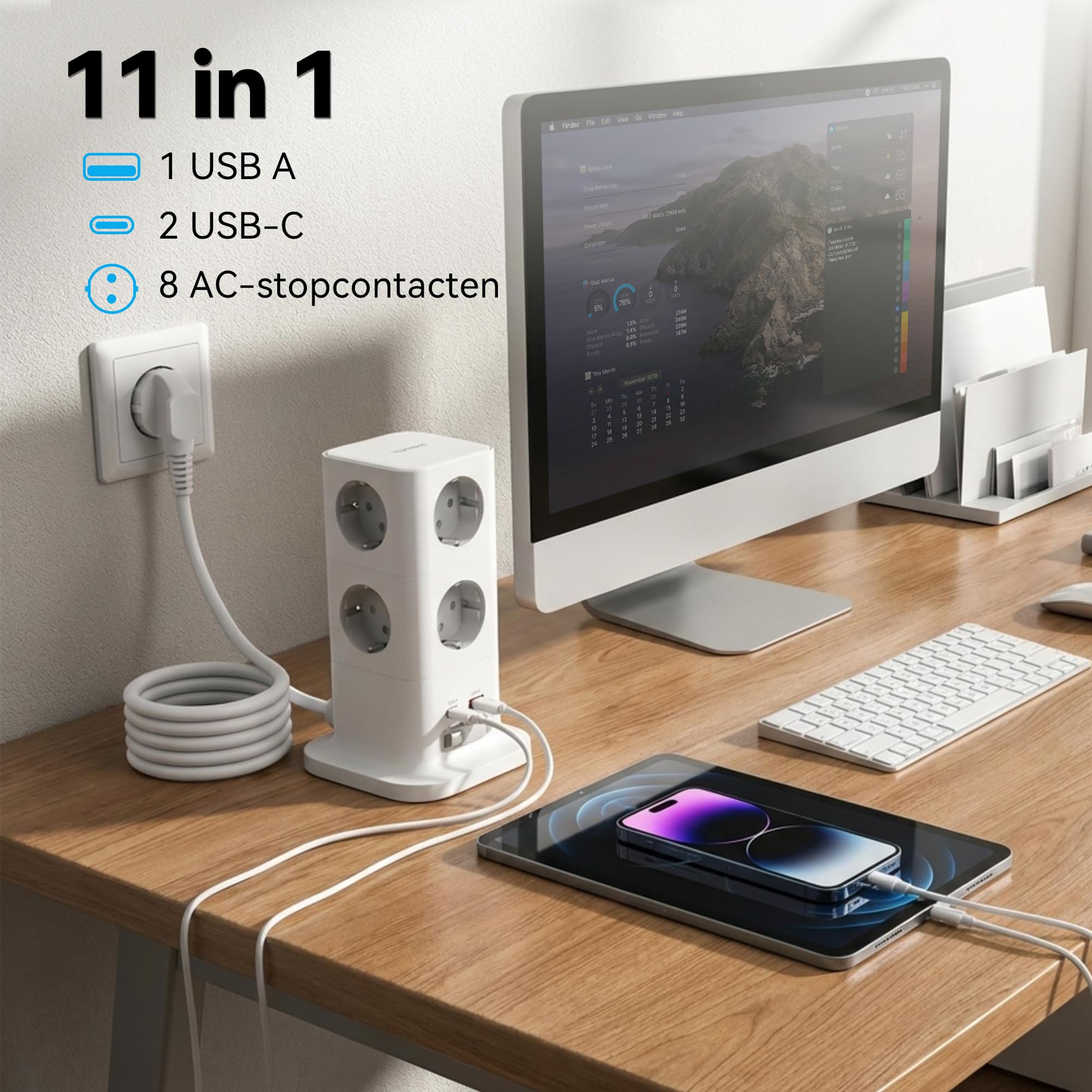 TOPADRE Tipo Torre con Carga rápida de 65 W y Cable retráctil de 70 cm. Regleta multifunción 11 en 1 con protección contra sobretensiones, Interruptor y Cable.