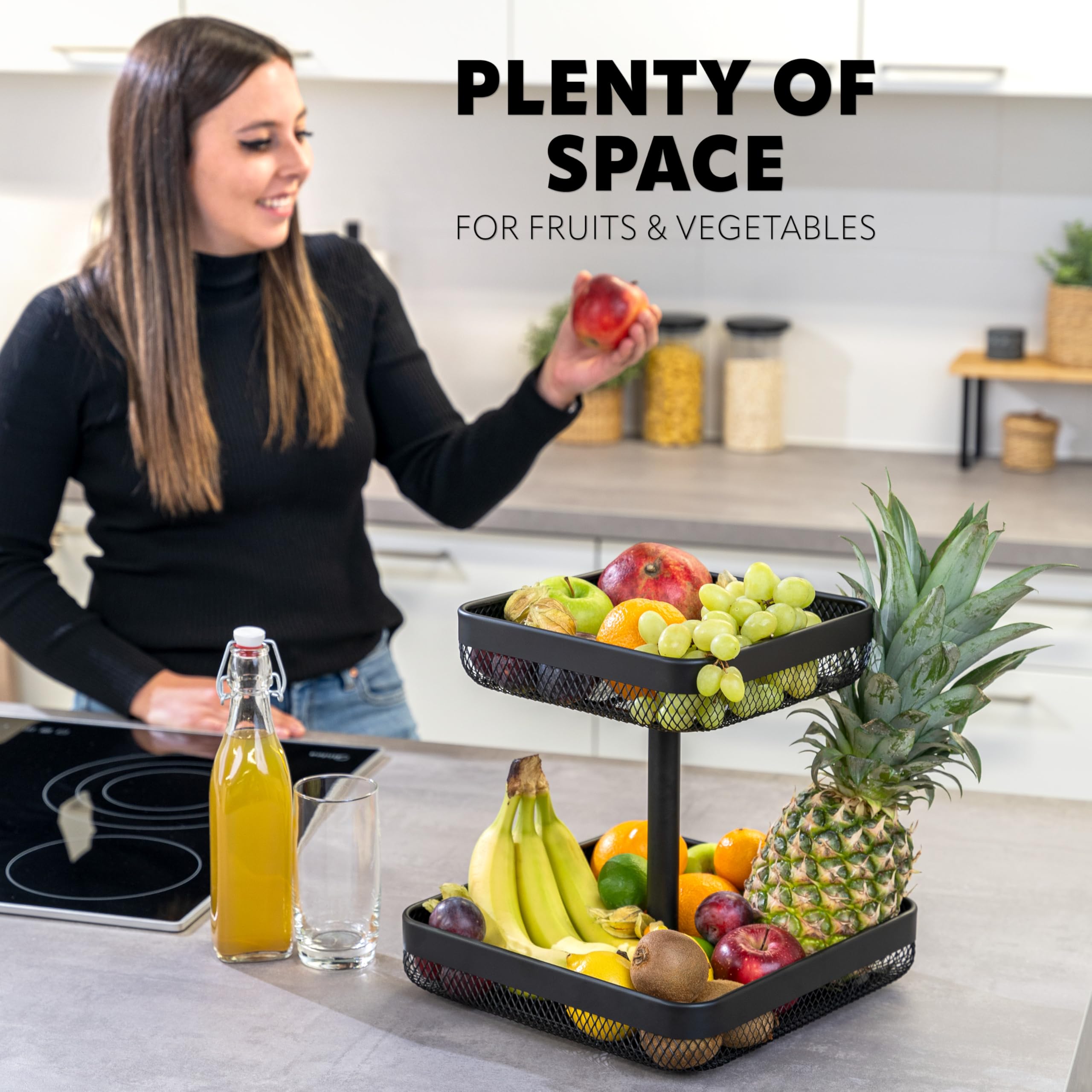 Eluno Corbeille à Fruits/à Pain Ronde à 2 étages, étagère, Corbeille à Fruits En Métal Noir, Beaucoup De Place Pour Les Fruits, Les Légumes, Le Pain Et Les Snacks Dans La Cuisine