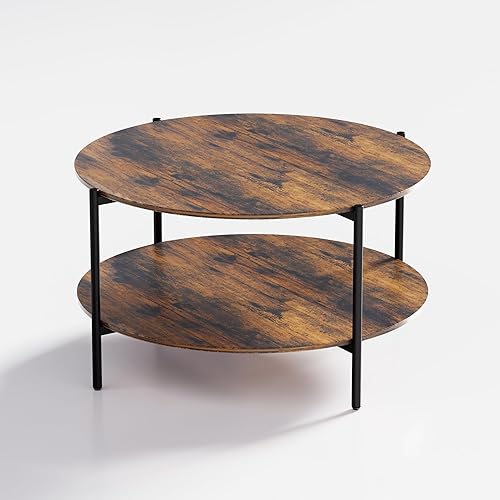 Miniatura 7 de Mesa auxiliar redonda, mesas de centro circulares de 2 niveles de 32.9 pulgadas con almacenamiento de madera rústica, mesa de centro circular para