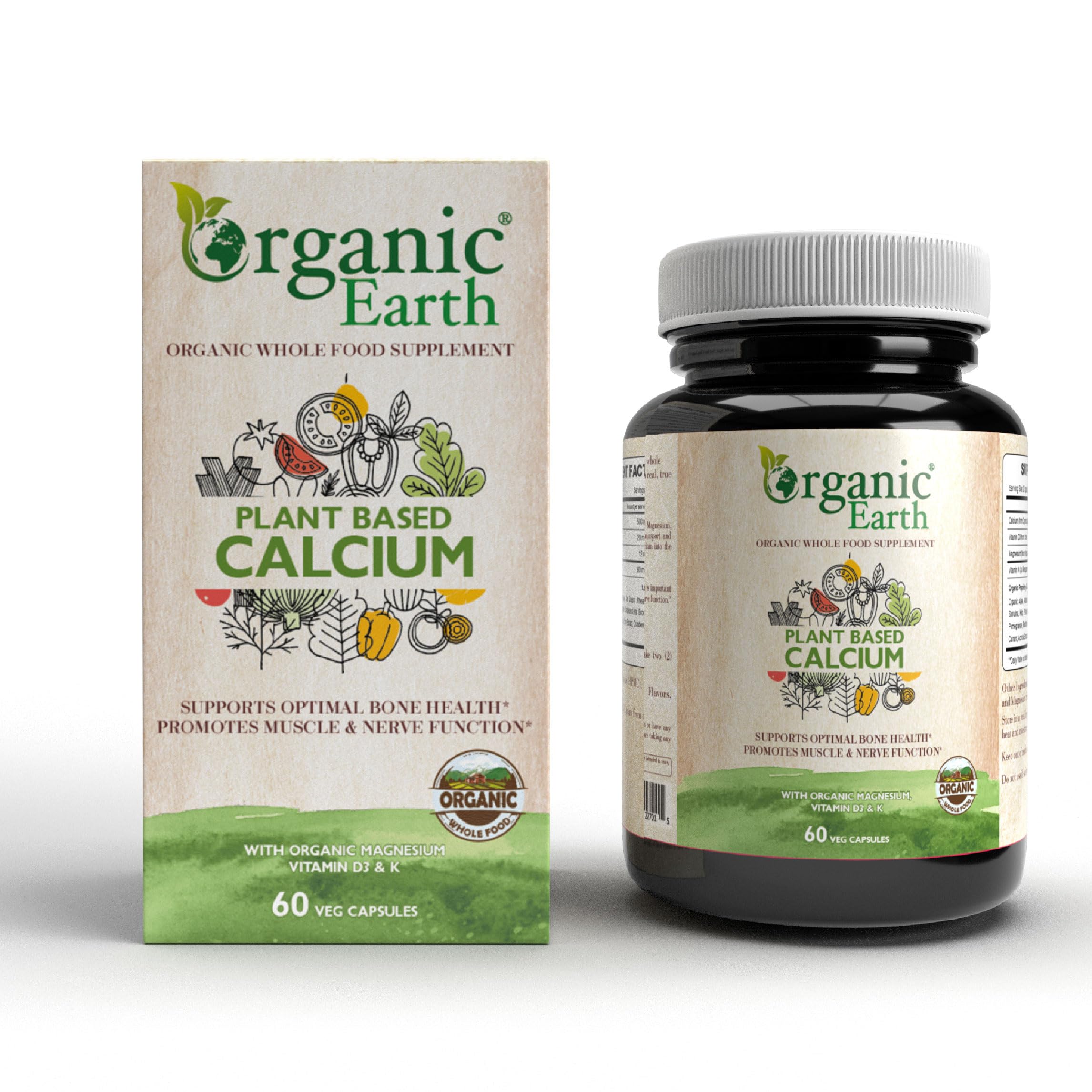 Organic Earth Plant Based Calcium I Promotes Bone and Joint Health I Support Heart Health, Nerve and Muscle Function I Vegan, Gluten Free, Clean Nutrition I 60 Capsules