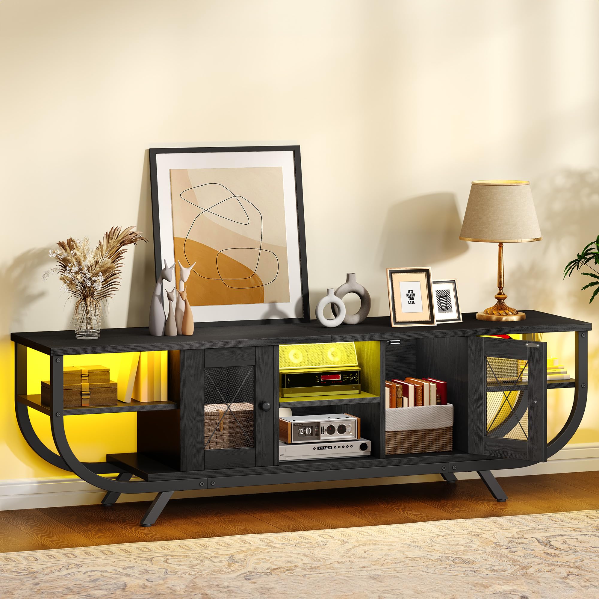 YITAHOME Industrial Mueble de TV, Mesa de TV de hasta 65 Pulgadas, 160 cm Mueble TV Salon con LED, Estantes Abiertos Centro de Entretenimiento Alto para Salón, Dormitorio, Negro