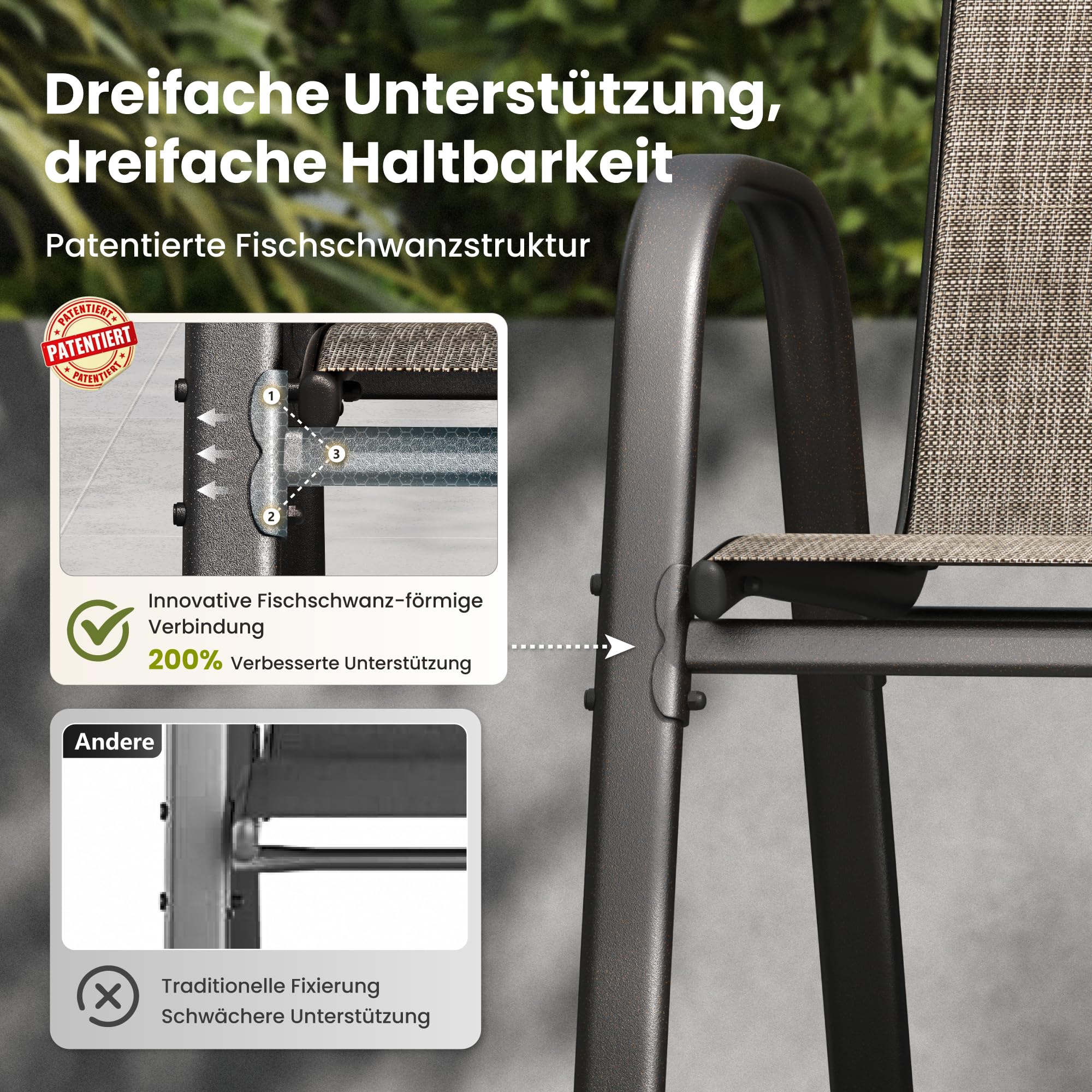 PHI VILLA Gartenstühle 6er Set, Gartensessel Stapelstühle Hochlehner, Wetterfest Terrassenstühle aus Textilene und E-Beschichtung Metall für Terrasse Veranda Hinterhof Poolbereich