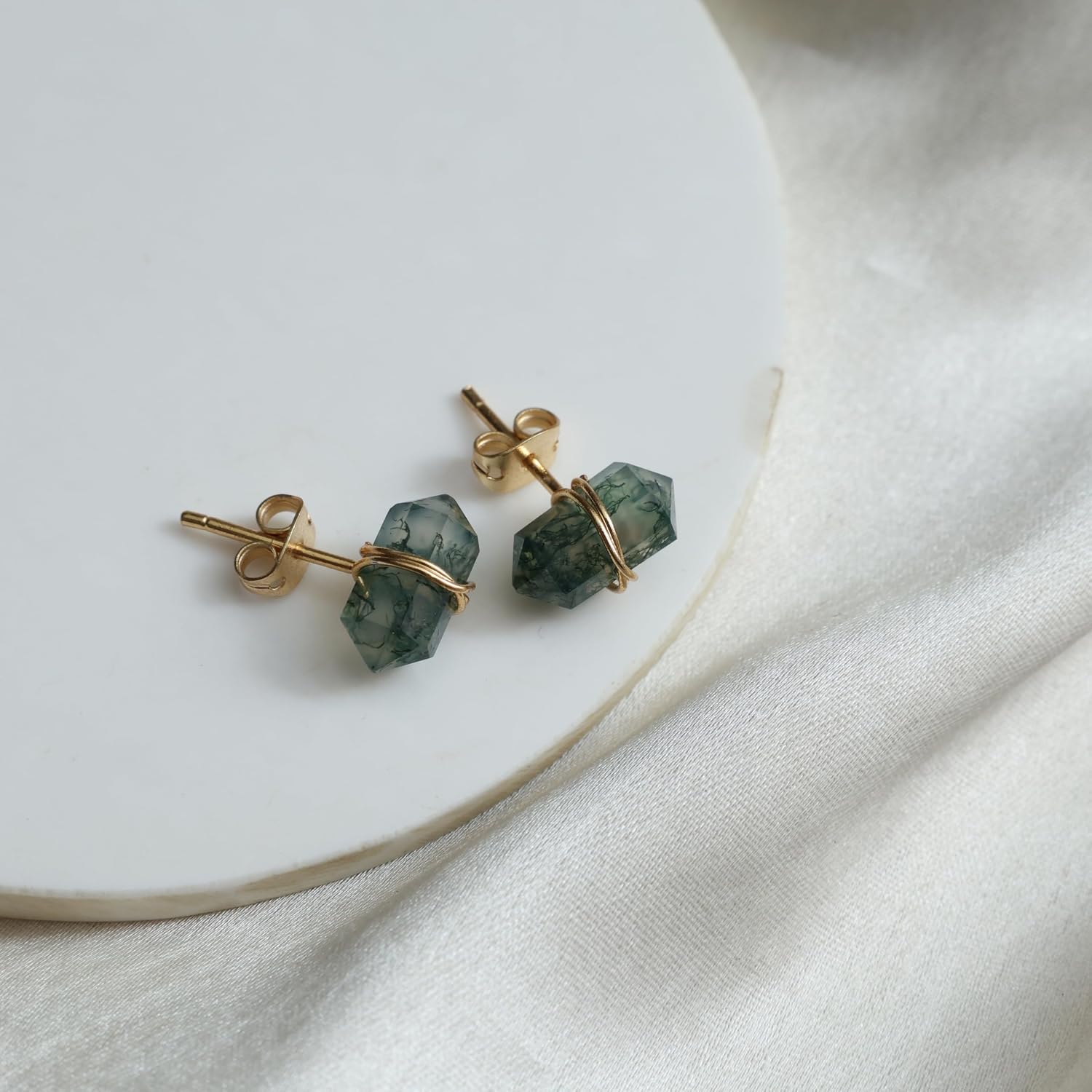 Gempires Gemstone Stud Earrings for Women 14K Gold Plated | Natural Crystal Double Point Pencil Wire Wrapped Studs | Healing Stone Jewelry | Unique 12x7mm Dainty Birthstone Earrings