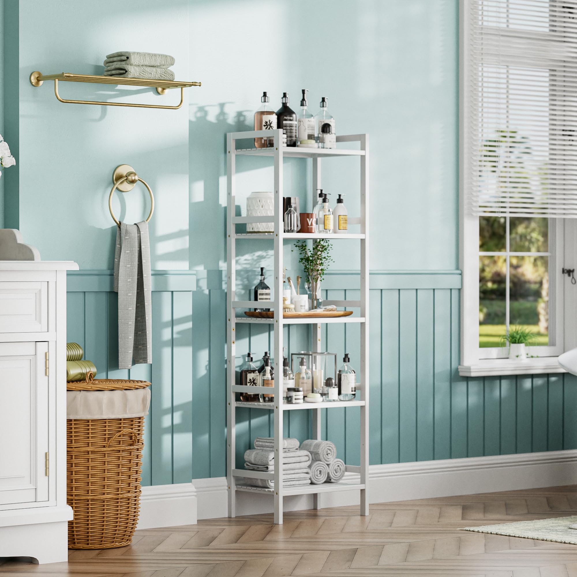 HITNET Etagere 5 Niveaux, Bibliotheque Salle de Bain Rangement Bambou avec Étagères Réglables, Support de Plantes Gain de Place, pour Salon, Balcon, Cuisine, Blanc
