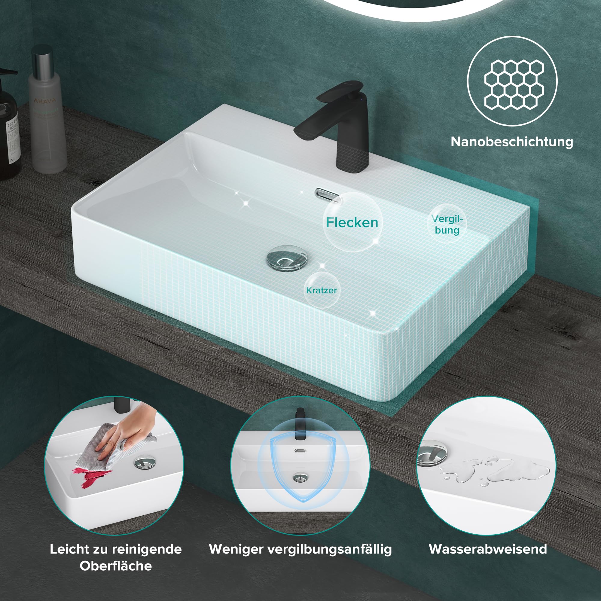 doporro Lavabo sobre Encimera Lavabo Suspendido Baño | Rectangular | Blanco | Cerámica | 50x42x12cm | con Rebosadero y Orificio para Grifería | Meissen201