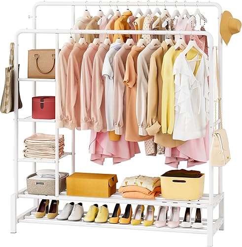 JOISCOPE Perchero resistente de 47 x 67 pulgadas, perchero de ropa de doble barra para colgar ropa, perchero con estantes de armario de 5 niveles y