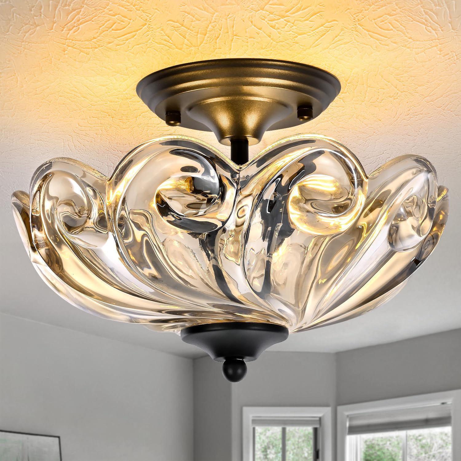 HuixuTe Modern Semi Flush Mount Ceiling Light, 3-Light Black Close to Ceiling Light Fixture with Cognac Glass Shade for Bedroom Living Room Entryway