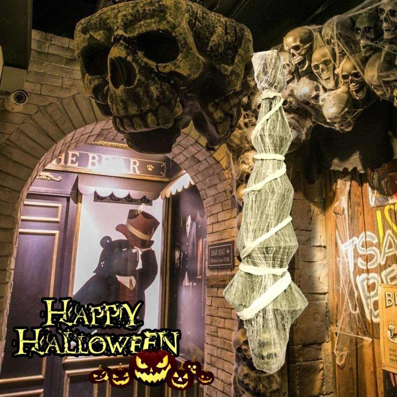 Decorazioni di Halloween Oggetti di Scena per Cadavere da Appendere All'aperto Corpo di Scheletro Spaventoso Interno Ragnatela