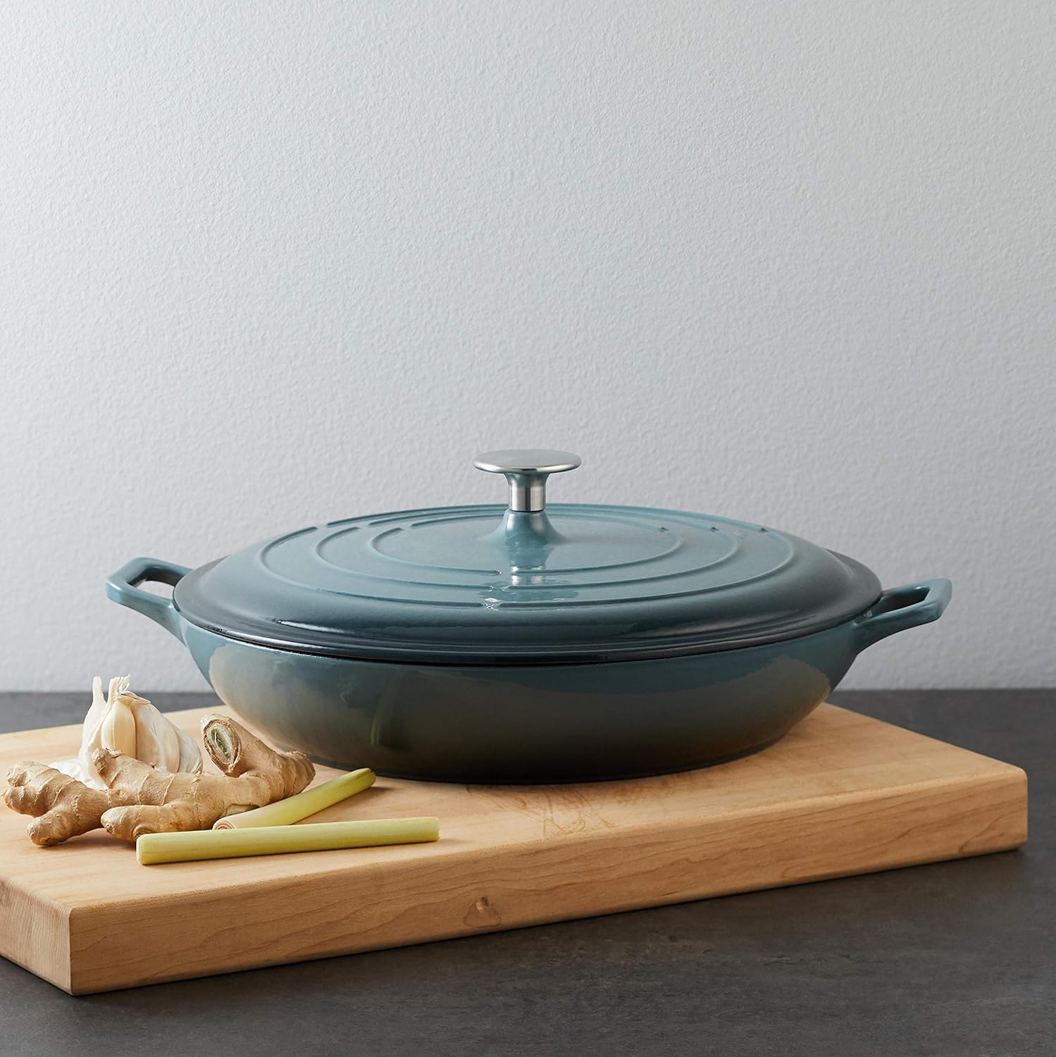 Get Special Price Amazon Basics Enameled Cast Iron Covered Casserole Skillet, 3.3-Quart, Grey