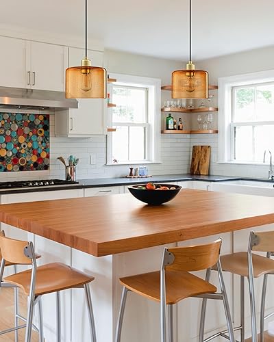 Miniatura 7 de Paquete de 3 lámparas colgantes industriales para interiores de 6.1 pulgadas de vidrio ámbar sembrado, lámparas de techo, lámparas de techo doradas,