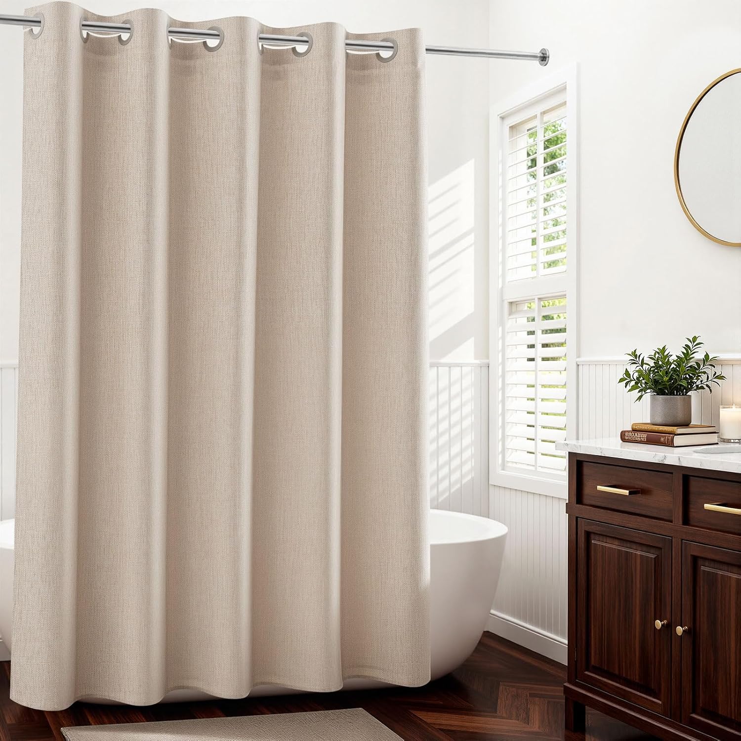 River Dream Linen Textured No Hook Shower Curtain with Snap-in Liner, Farmhouse Quick Dry Fabric Shower Curtain for Bathroom, Rustic Bathroom Set,Water-Repellent,Linen,71Wx74L