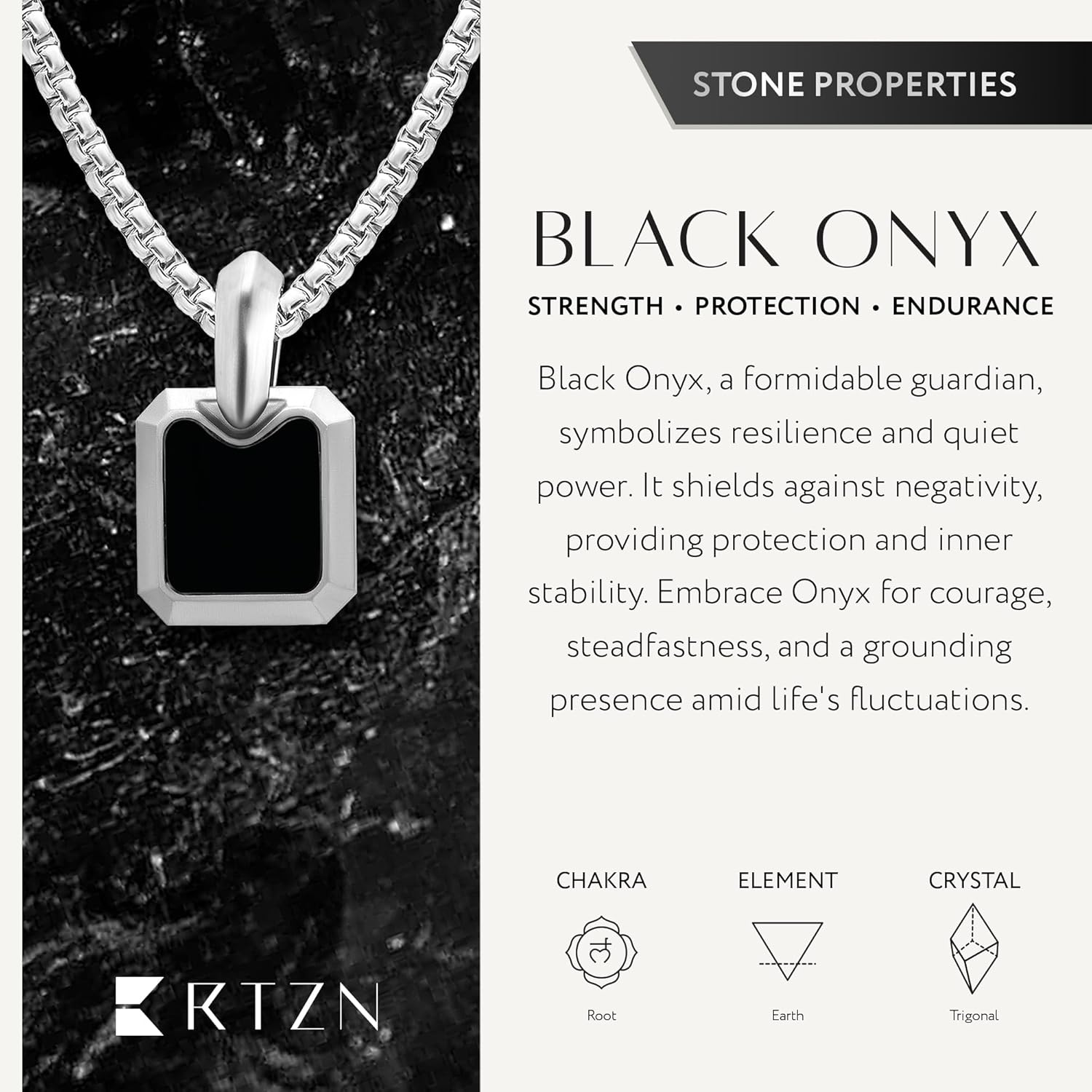 RTZN® Black Onyx Necklace for Men – Premium Dog Tag Black Onyx Mens Pendant Necklaces with Stainless Steel Box Chain 22" Inch + 2" Extension - Image 4