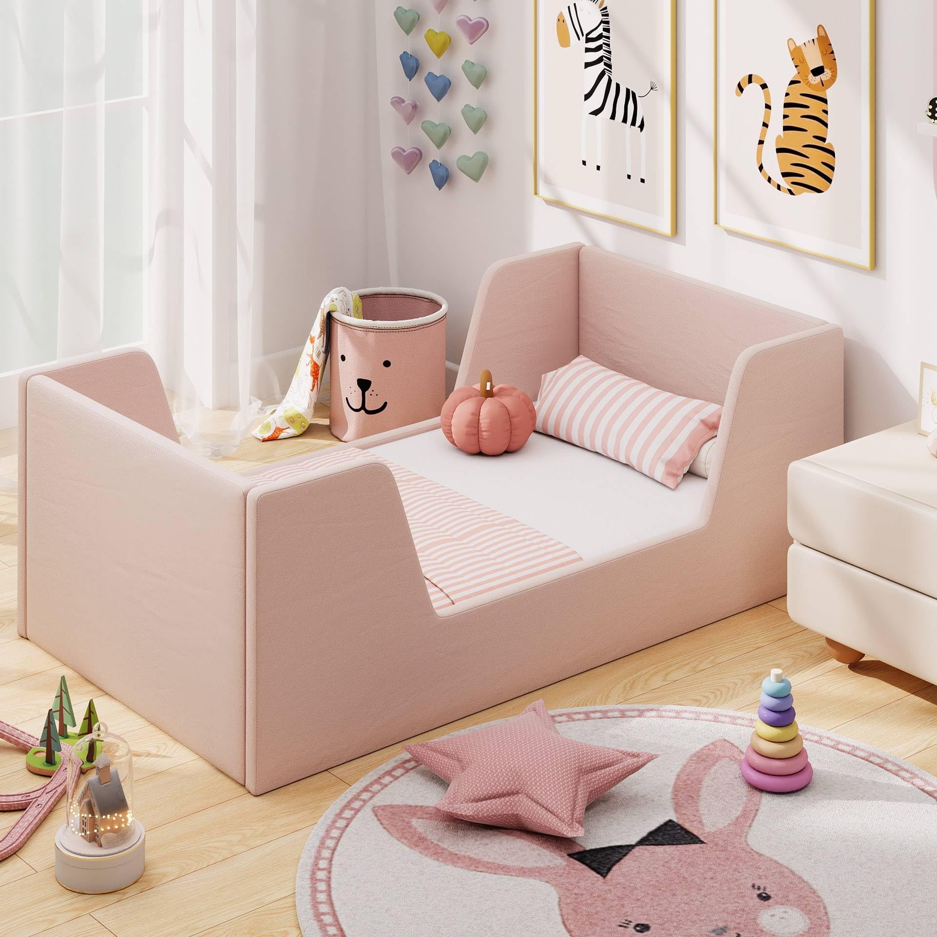 COSTWAY Kids Bed Frame, Soft Velvet Fabric Upholstered Children Floor Bed with Safety Rails & Headboard, Single Toddler Bedroom Furniture for Girl and Boys, No Mattress (Pink)
