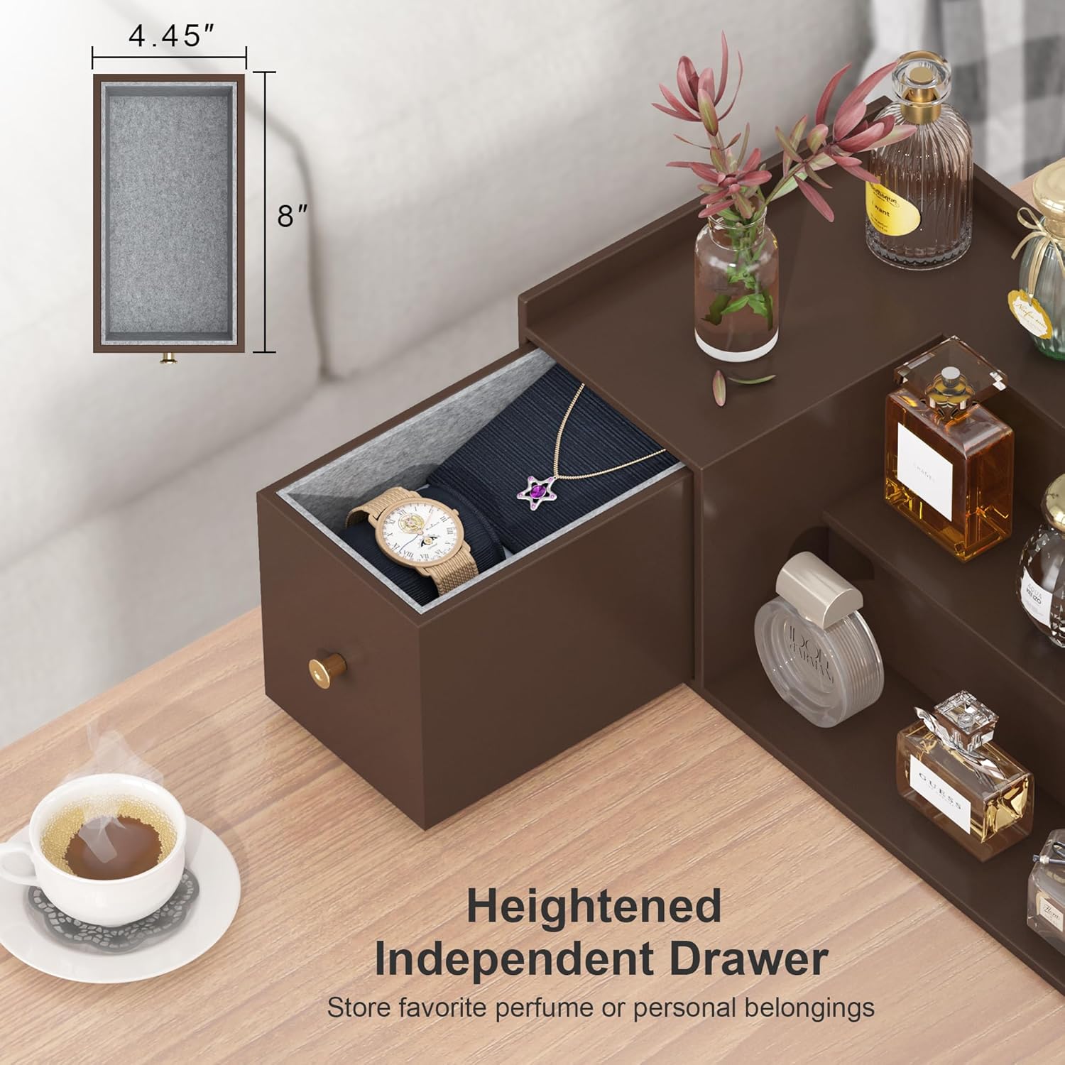 Cologne Organizer for Men, Bamboo 3 Tier Display Riser Stand with Drawer Wood Perfume Organizer Stand Holder Spice Shelf Rack Tabletop Skincare, Great Gift for Man