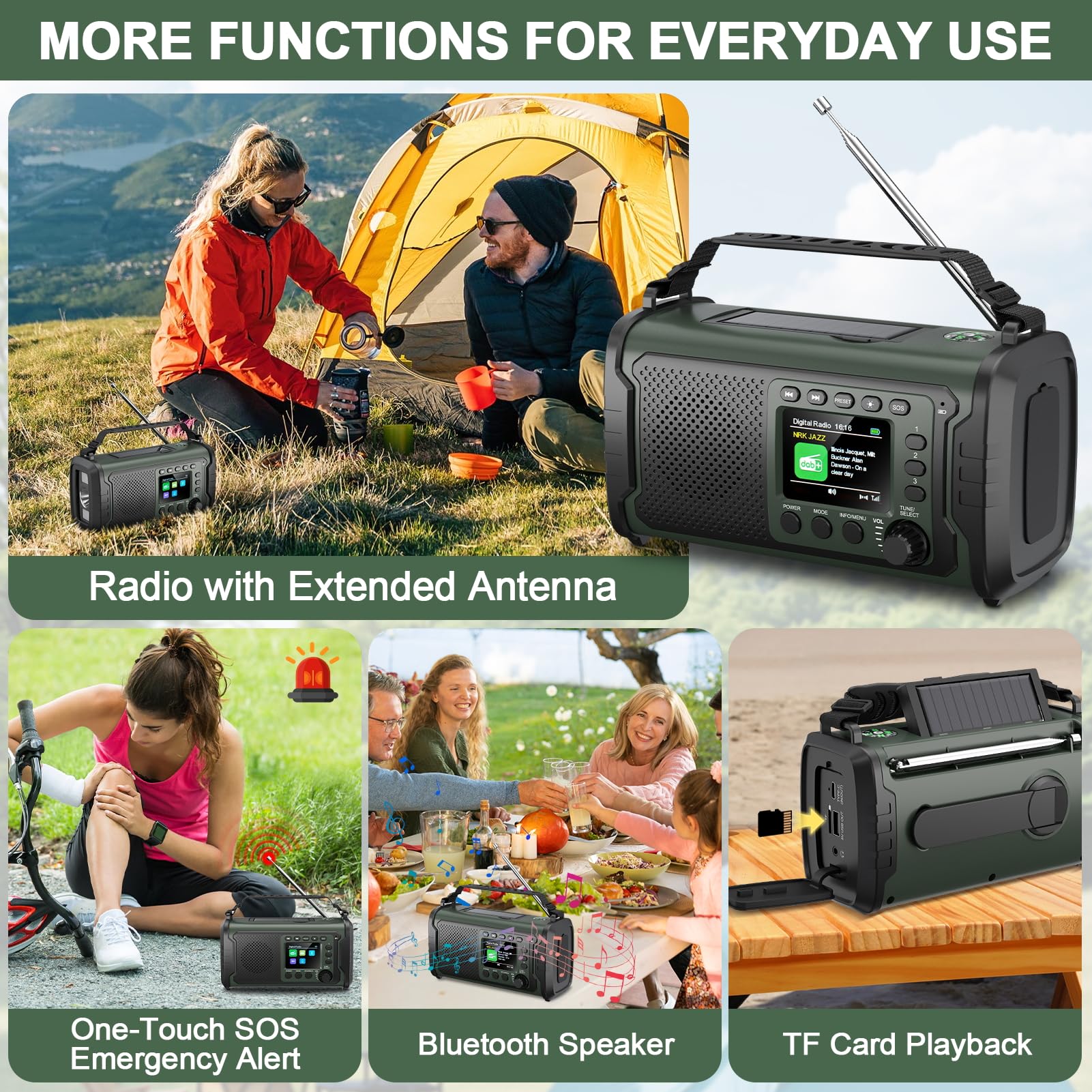 Radio portable DAB/FM 27 000 mAh avec énergie solaire, manivelle, alimentée par piles, radio DAB de survie à remonter avec Bluetooth, 80 préréglages, horloge, alarme SOS, lampe de poche, lampe de