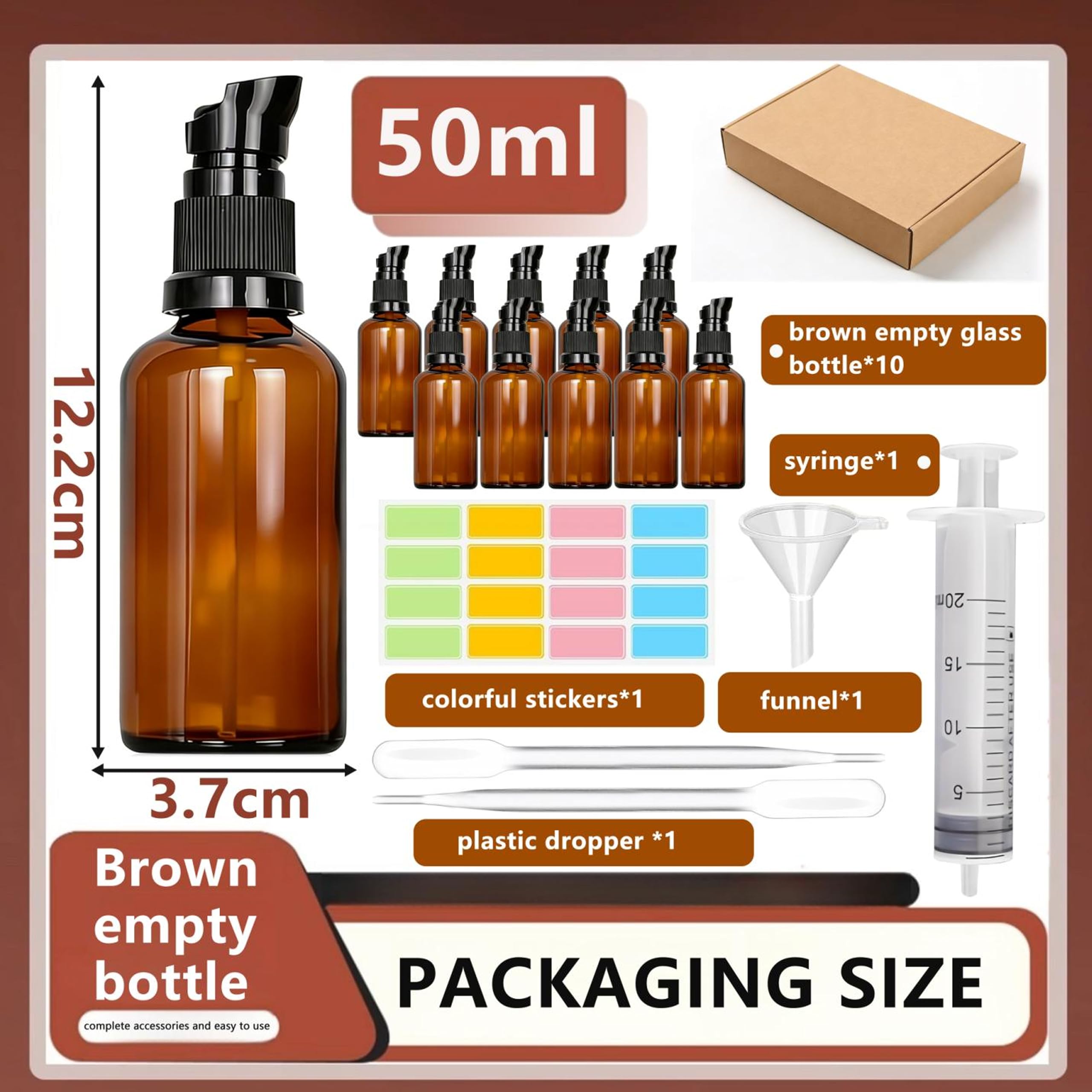 10 pezzi 50 ml Flaconi Vuoti per Oli Essenziali, Flaconi Vuoti in Vetro Ambrata con Pompa, Vetro Marrone Bottiglie da Viaggio, Protezione UV, Ambra, per Cosmetici, Lozioni, Oli Essenziali