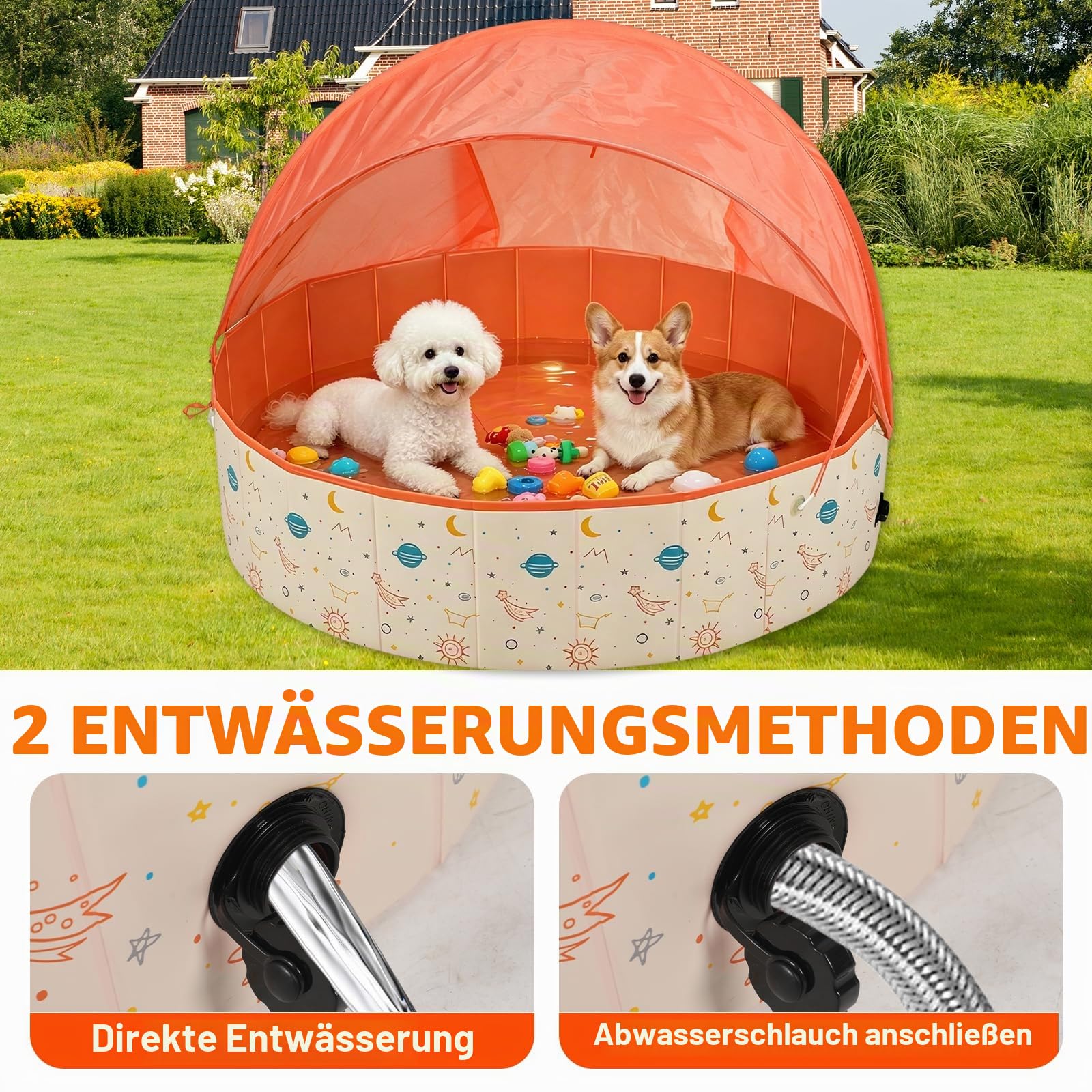 Hundepool Faltbar mit Sonnendach, 120x30cm Hundebadewanne mit Ablaufventil, rutschfeste Verdicktes PVC Planschbecken für Große Hund & Kinder, Tragbarer Hundeplanschbecken (Orange)