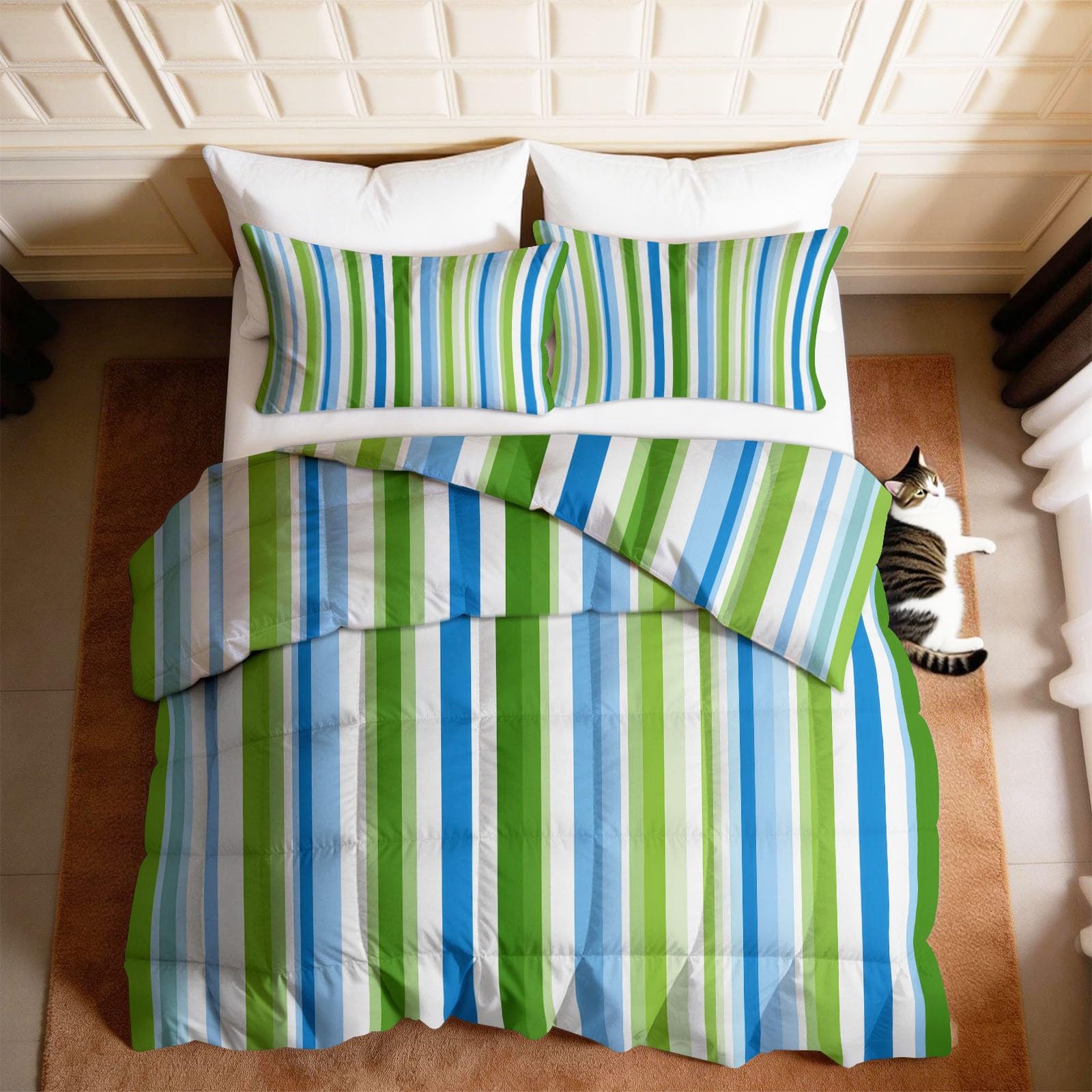 Nowoczesna klasyczna kołdra 240 x 220 cm, ciepła i miękka, geometryczna zieleń w paski linie pikowana kołdra dla chłopców w akademiku, można prać w pralce Kołdra i 2 poszewki na poduszki