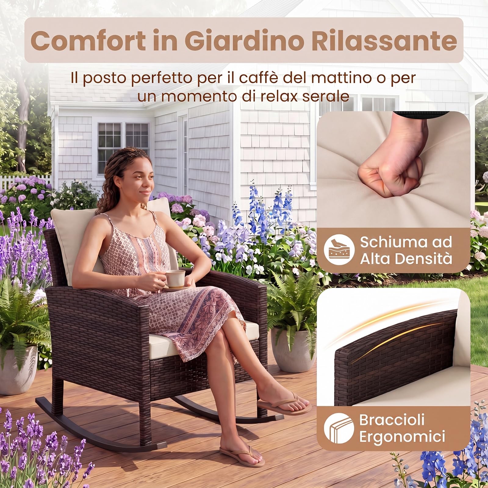 SOARS Salotto da Esterno 3 Pezzi in Rattan, Set Mobili da Giardino con 2 Poltrone a Dondolo, Tavolino da Caffè in Vetro Temperato e Comodi Cuscini con Fodera Lavabile, per Balcone, Cortile (Beige)