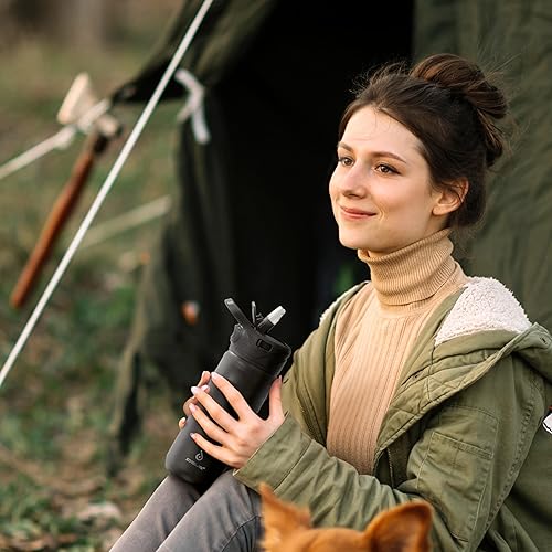 Miniatura 9 de IDEUS Botella de agua aislada de acero inoxidable con 2 tapas a prueba de fugas, termo para senderismo, ciclismo, 18 onzas, color negro