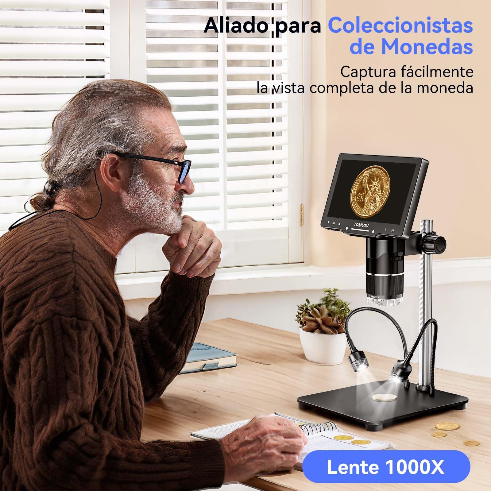 TOMLOV TriL107 3 Lens Digital Microscope 7" 2K IPS HDMI, 2500X Magnifier for Full Coin View and 14 LED Lights, 12.6" Support Soldering Microscope for Adults, PC/TV Compatible, 64GB — view 4