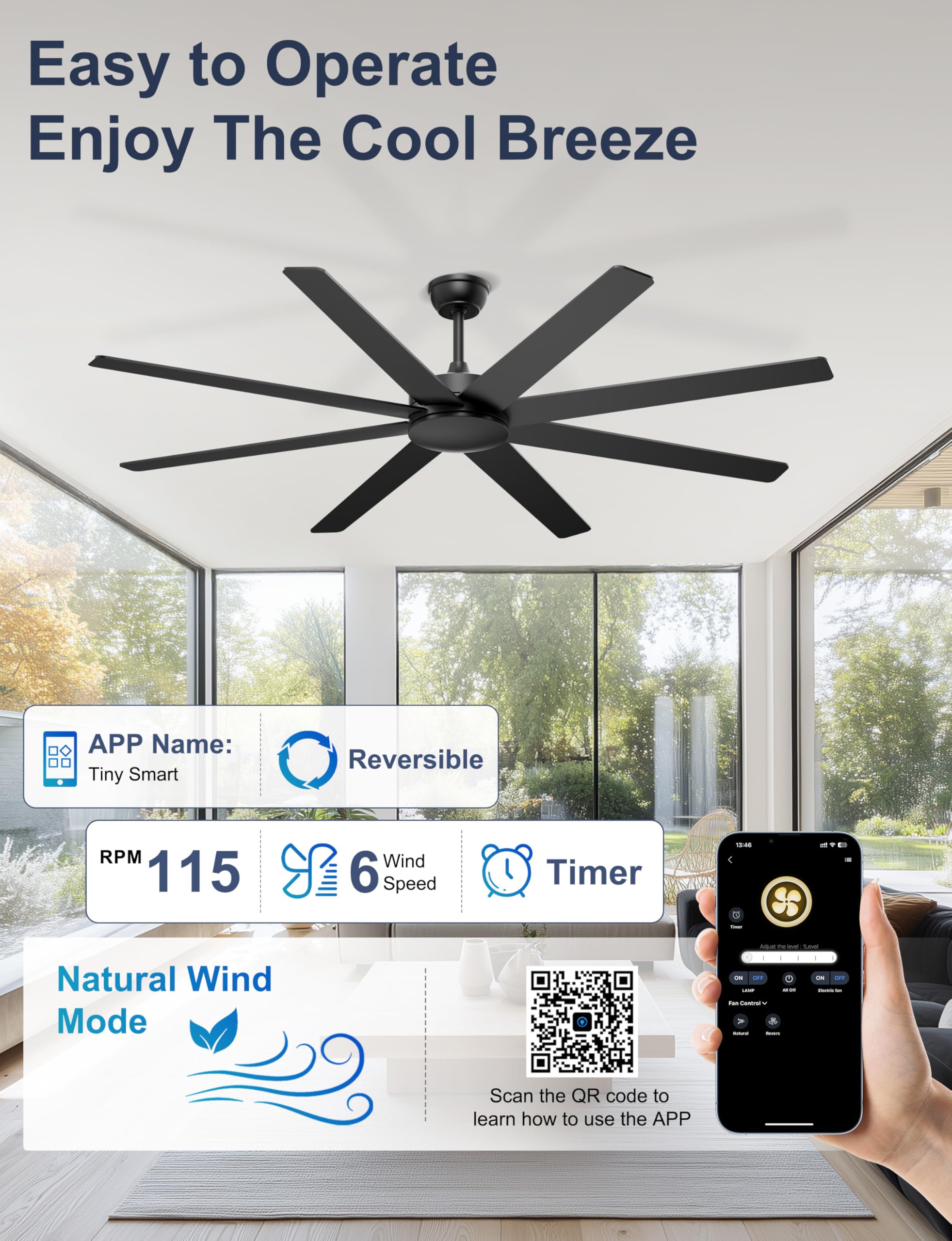 72 Large Ceiling Fans No Lights Modern Black Ceiling Fan Remote APP Control Quiet DC Motor Big Ceiling — view 5